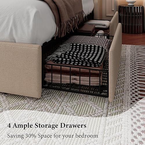 Miniatura 4 de iPormis Base de cama Queen con 4 cajones de almacenamiento, base de cama tapizada con puertos tipo C y USB, cabecera de almacenamiento con respaldo