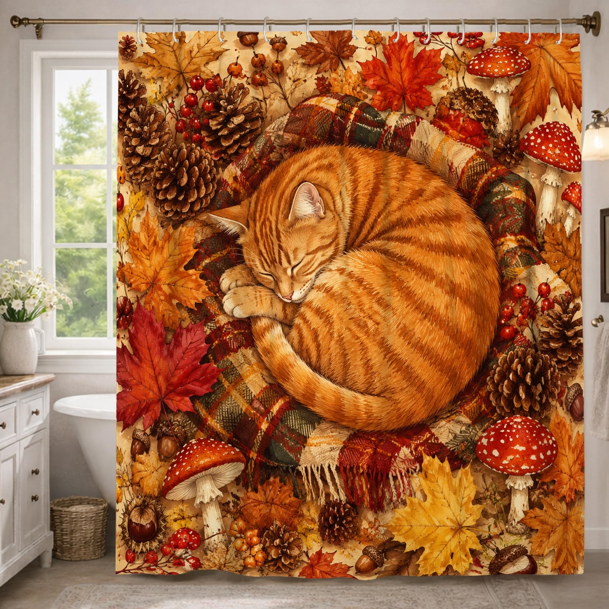 Rideau de douche extra long 183x243 cm imperméable avec motifs chat et champignons d'automne