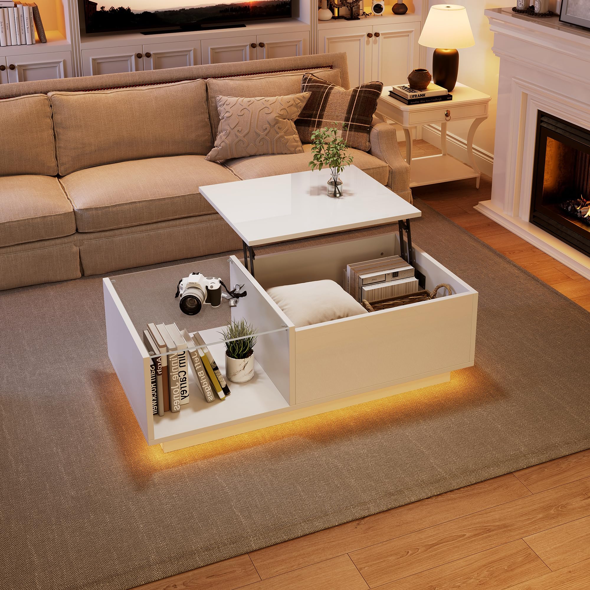 Merax Table basse de salon avec plateau réglable en hauteur, moderne table basse extensible avec LED, table de salon avec espace caché et vitrine en verre, table basse pour salon, bureau