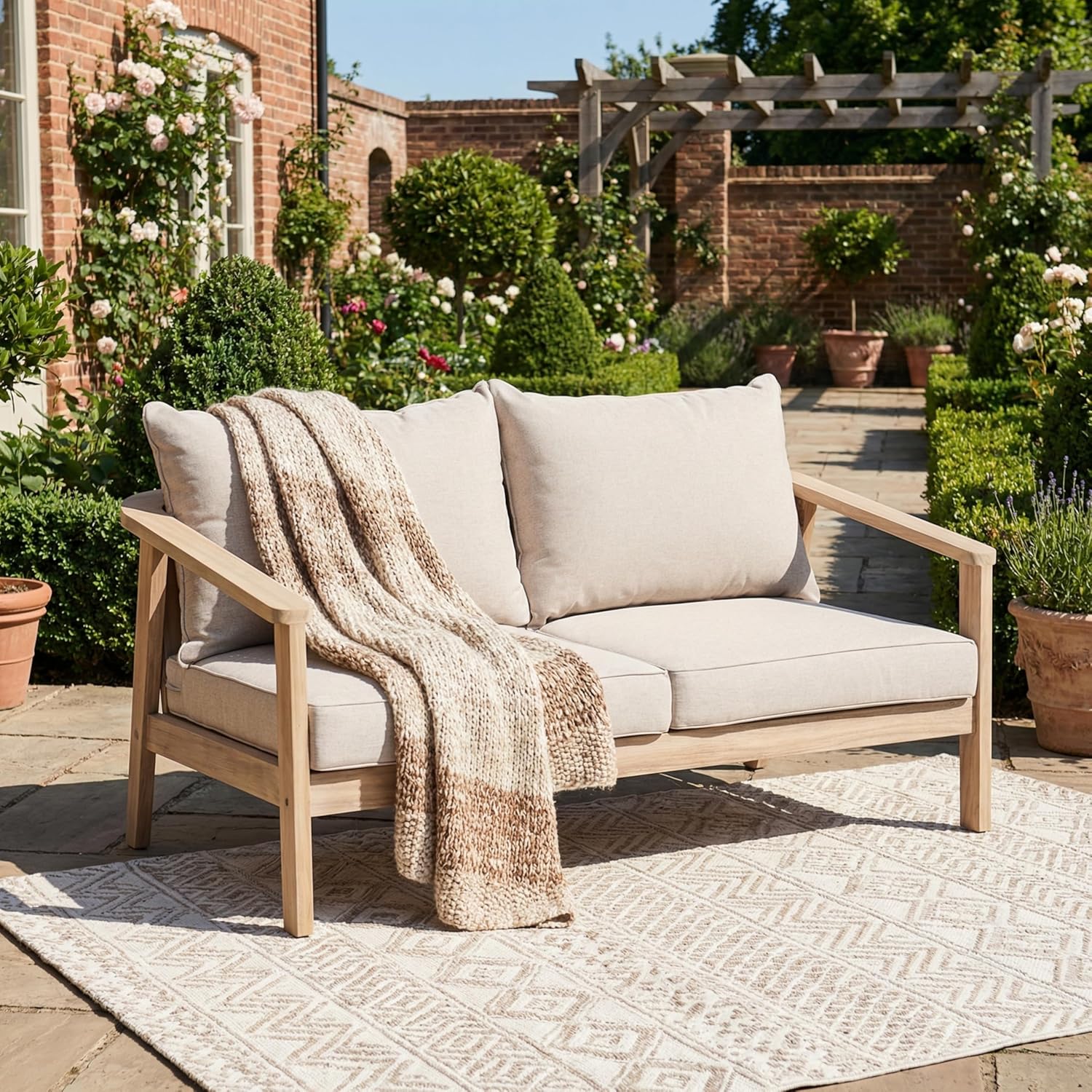 Christopher Knight Home Hartford Acacia Wood Outdoor Loveseat Sofa, Solid Wood Patio 2 Seater Sofa with Removable Cushion, Comfy Lounge Sofa Outdoor with Wicker Backrest, Light Brown+Beige