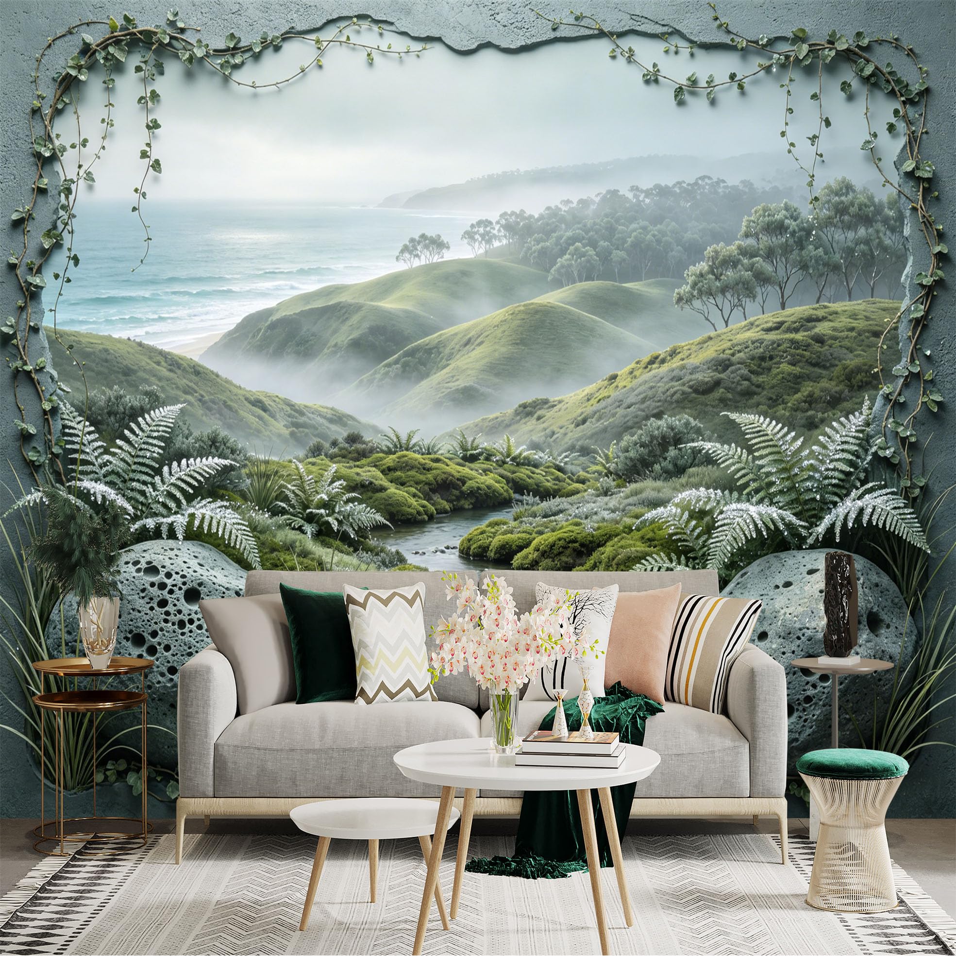 Custom Size Wall Sticker Mural， Misty Green Hills with River， Ferns and Ocean View， for wall Decoration， peelandstick wall Decals.