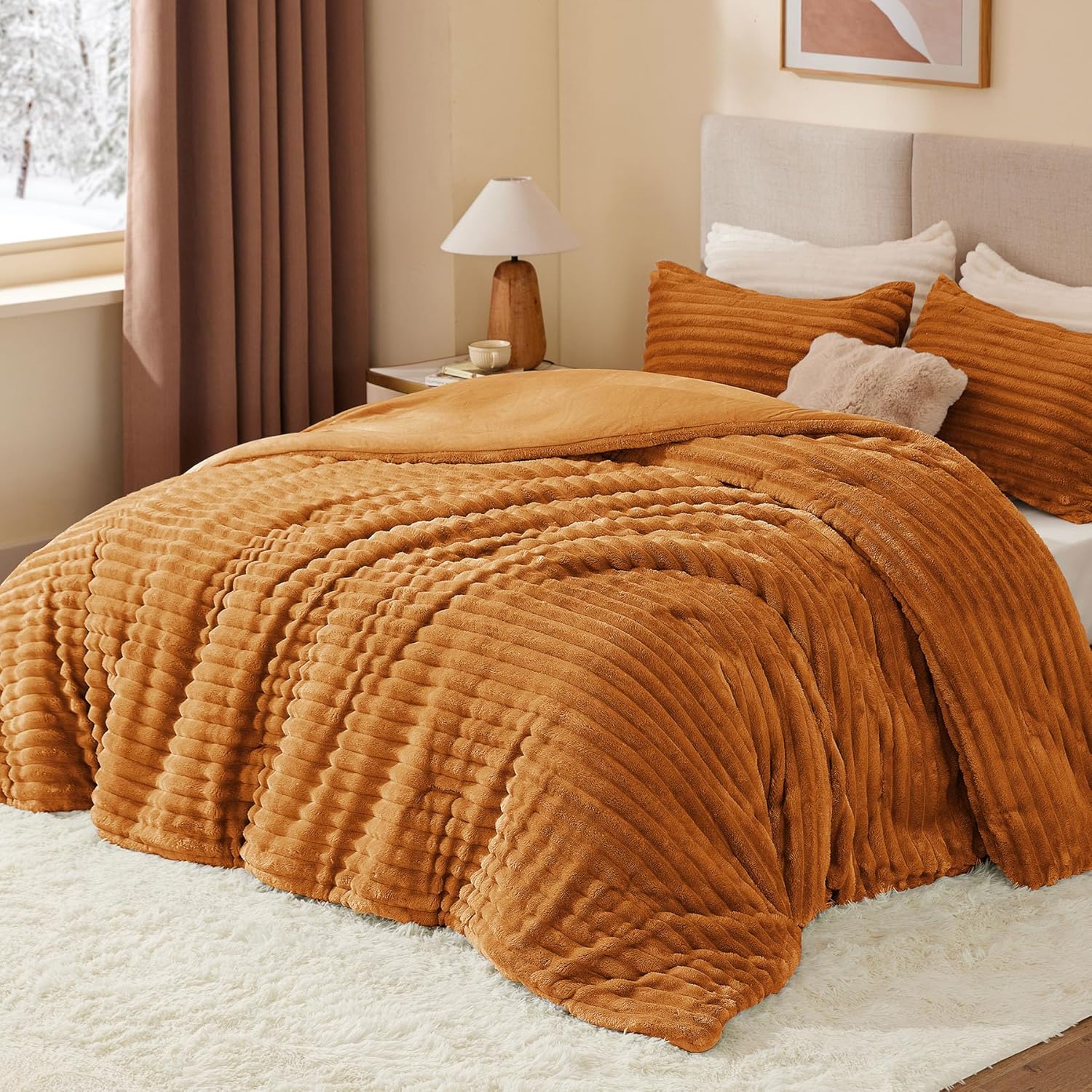 BEDELITE Fleece King Comforter Set -Super Soft & Warm Fluffy Rust Orange Bedding, Luxury Fuzzy Heavy Bed Set for Winter with 2 Pillow Cases Rust Orange King