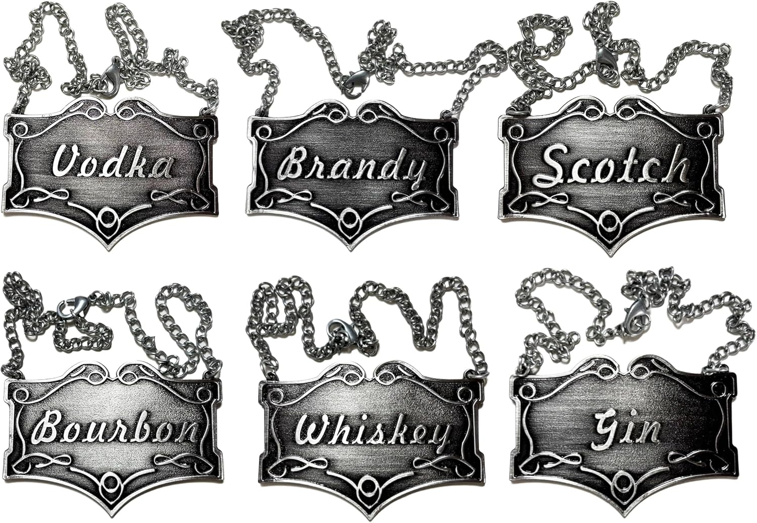 Vintage Liquor Decanter Tags, Set of 6, Black Silver, 2.44 x 1.72 inches, Adjustable Chain Labels for Whiskey, Bourbon, Scotch, Gin, Vodka, Brandy, Elegant Decanter Accessories