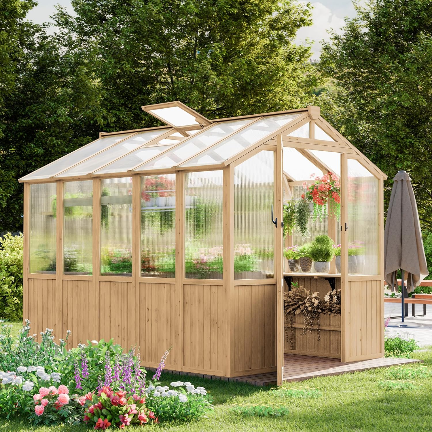 Restland 6x8 FT Wood Greenhouse for Outdoors Reinforced Frame Walk-in Greenhouses with Adjustable Roof Vents & Lockable Door Polycarbonate Green House for Outside