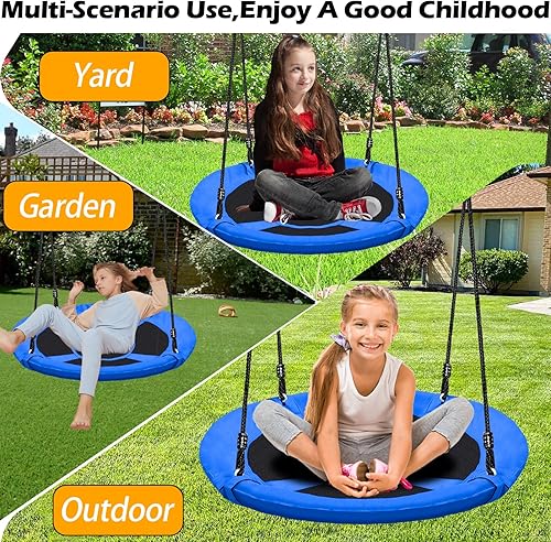 Miniatura 5 de Juego de columpio de árbol de platillo azul de 40 pulgadas para niños y adultos, capacidad de peso de 500 libras, impermeable, asiento de tela de