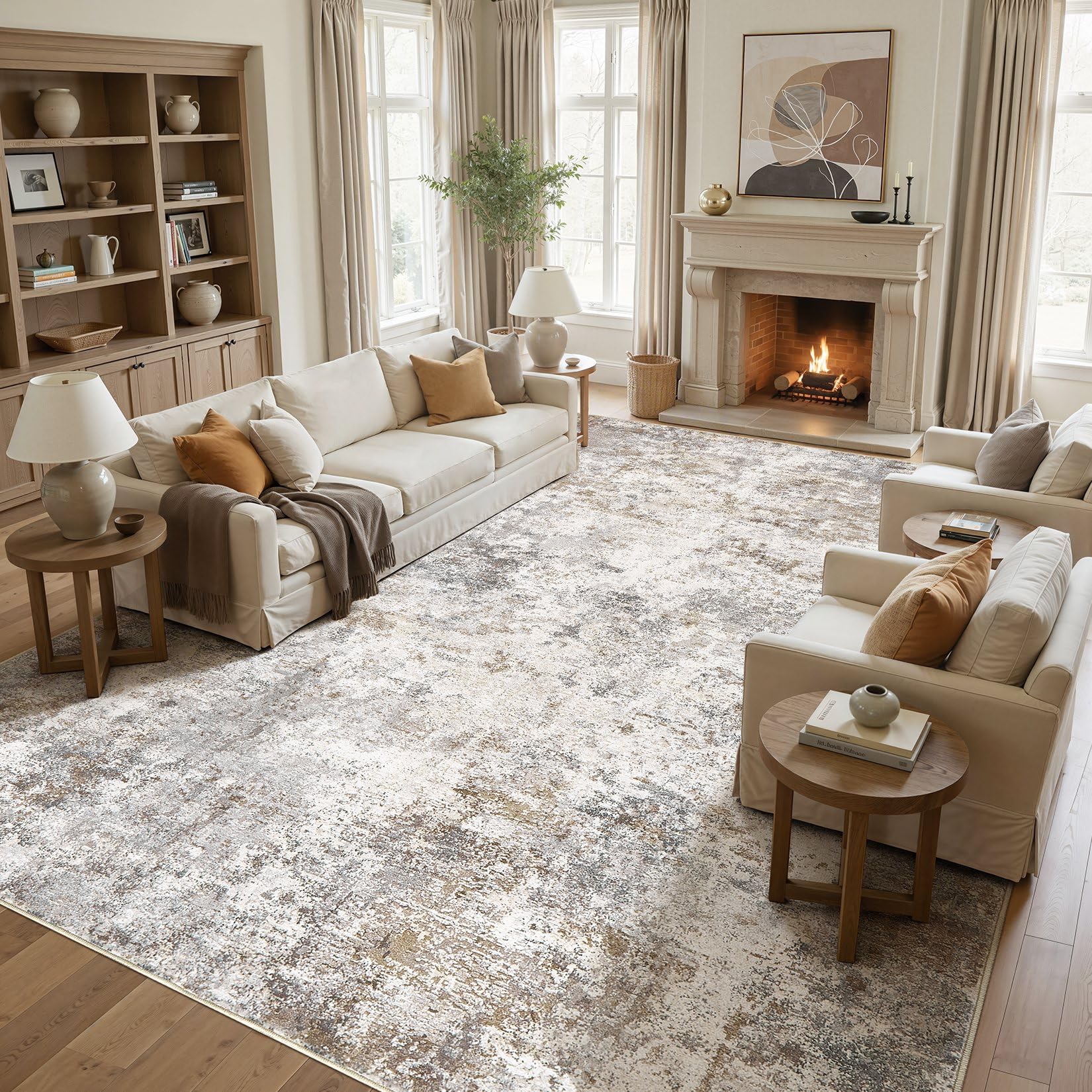 UERMEI 12x15 Area Rug Living Room Rugs Extra Large Brown Grey Carpet | Washable Neutral Modern Abstract Non-Slip Soft Low Pile Floor Rugs for Bedroom Dining Room Home Office Indoor Decor