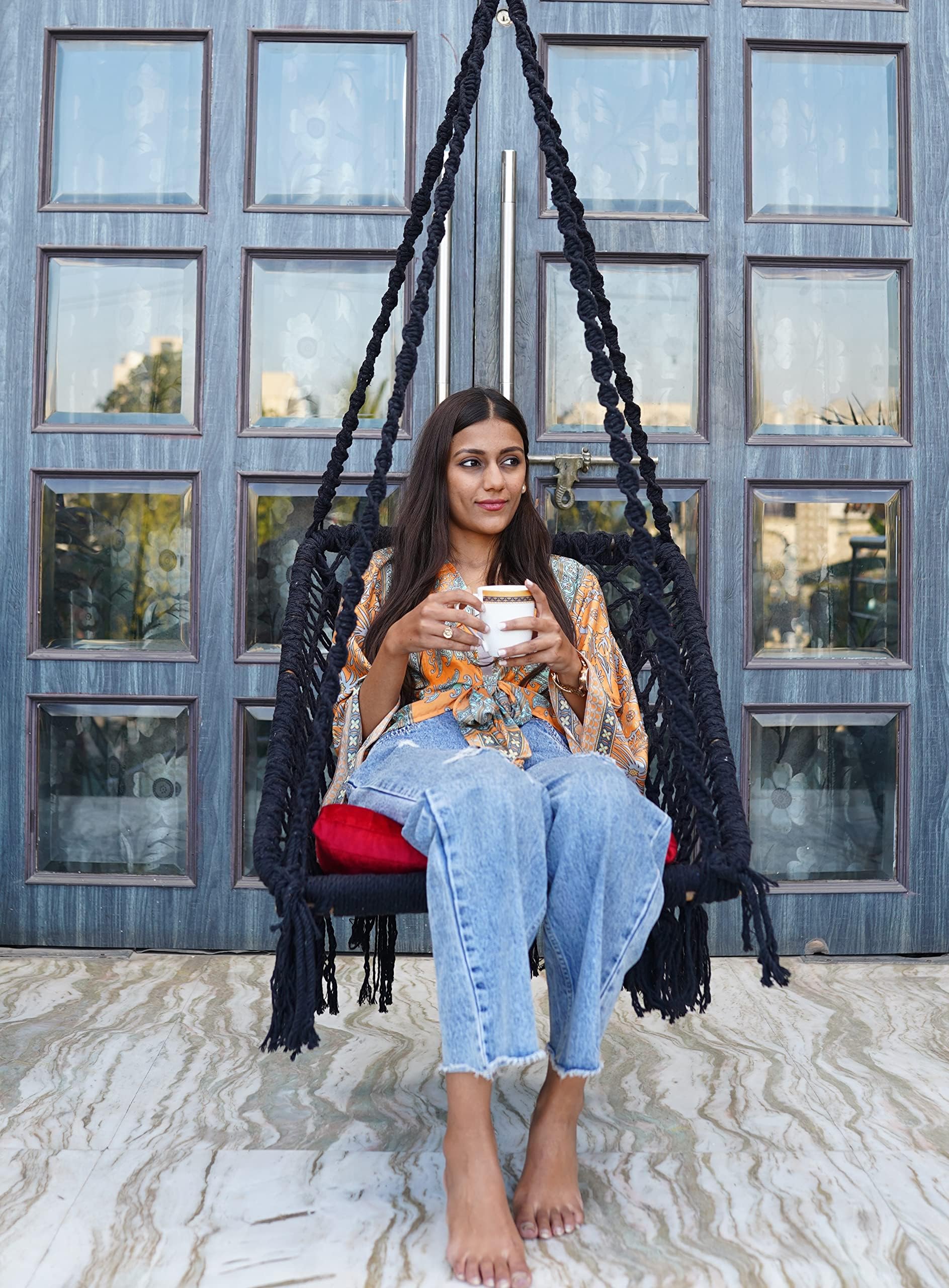 Patiofy Wood Square Shape Swing Chair for Balcony, Living Room, Home - Hammock Hanging Swing With Red Square Cushion - Black, 46 Centimeters