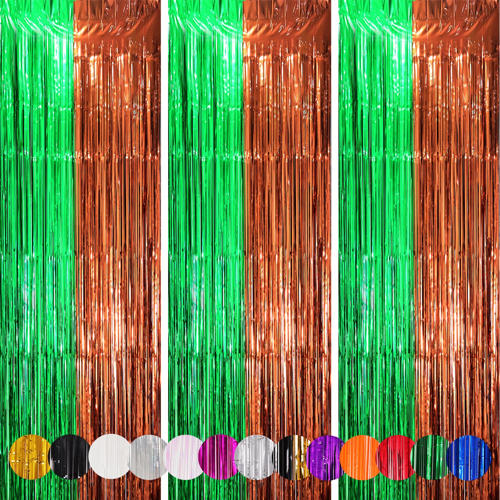 Voircoloria 3 Pack 3.3 x 8.2 ft Green and Brown Foil Fringe Backdrop Curtains, Tinsel Streamers Party Decorations, Fringe Backdrop, Door Shimmer for
