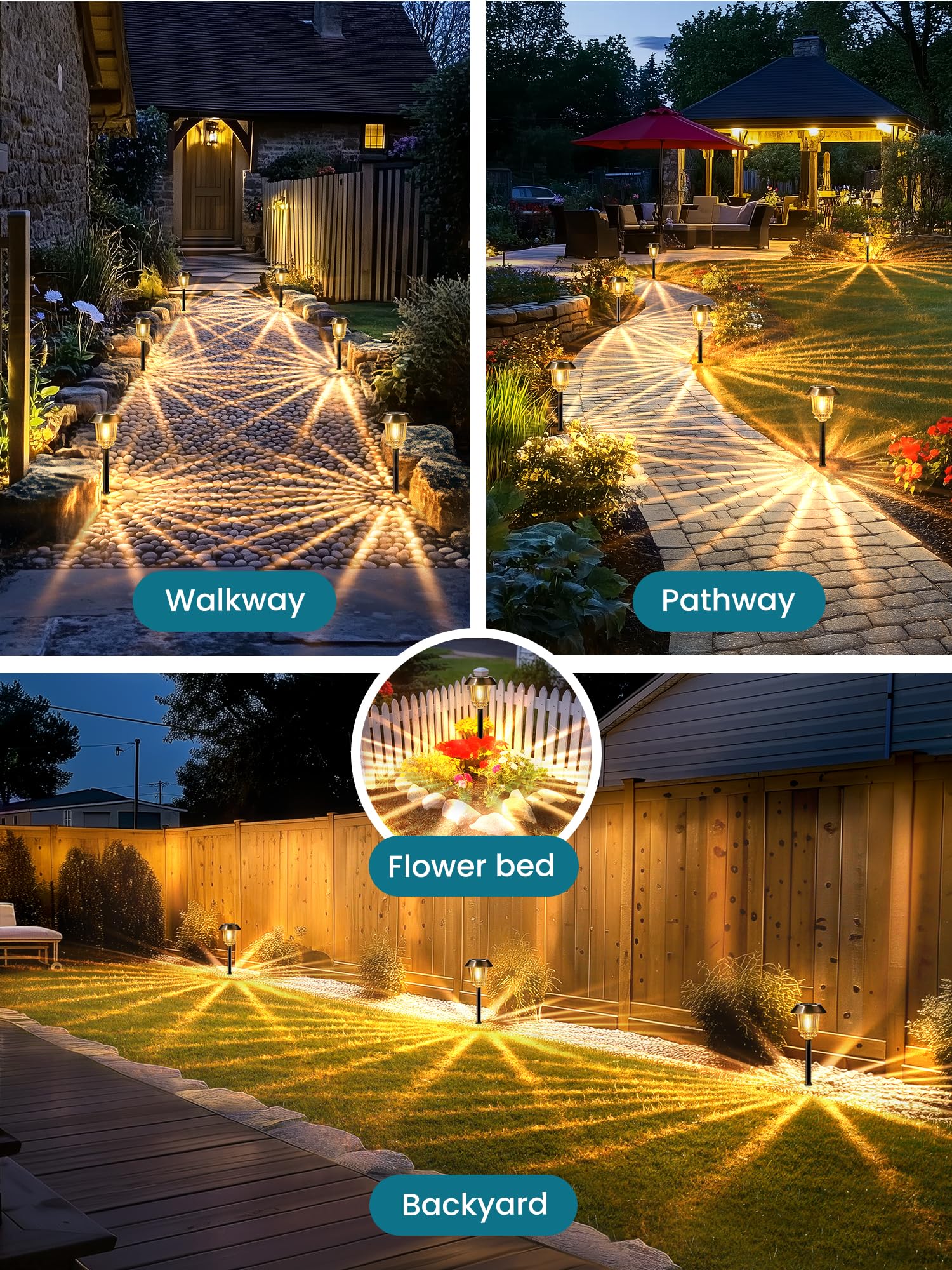 Solarleuchten für den Außenbereich, 4 Stück, bronzefarbene Solar-Gartenleuchten mit 10–40 lm, dimmbares Glas und Metall, wasserdichte Solar-Wegleuchten für Hof, Terrasse, Proch, Weg, Gehweg