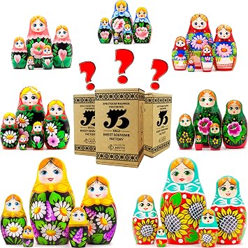 AEVVV Wooden Russian Matryoshka Lot of 3 Random Sets by 5 Figures