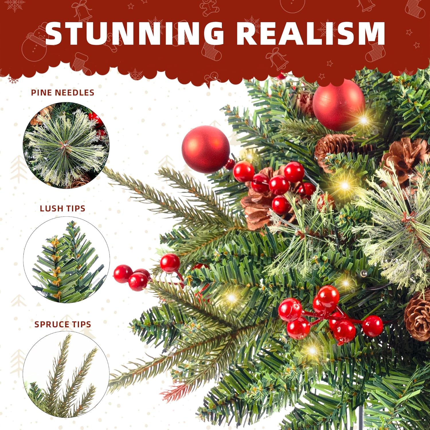 Prelit Outdoor Christmas Tree Urn Filler 2 Set, 20" Mini Artificial Xmax Tree for Porch, Garden, Doorway Christmas Decorations - Warm LED Lights with Realistic Pine Cones, Red Berries & Balls
