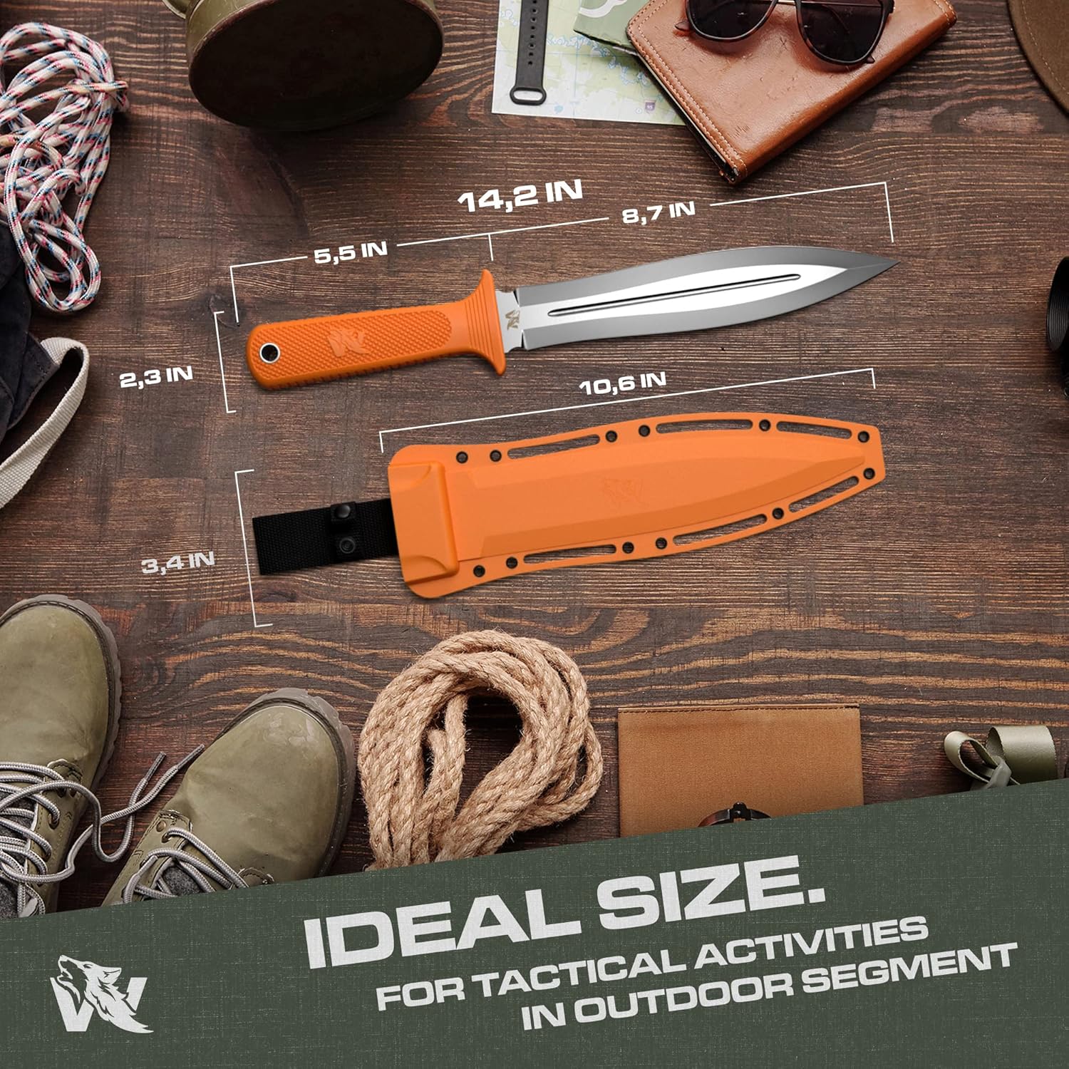 ODENWOLF W-SowCatcher Fixed Blade Knife with Sheath - Large Hunting-Knife made of D2 steel - Big Fixed Blade Double Edge Knives with TPE Handle