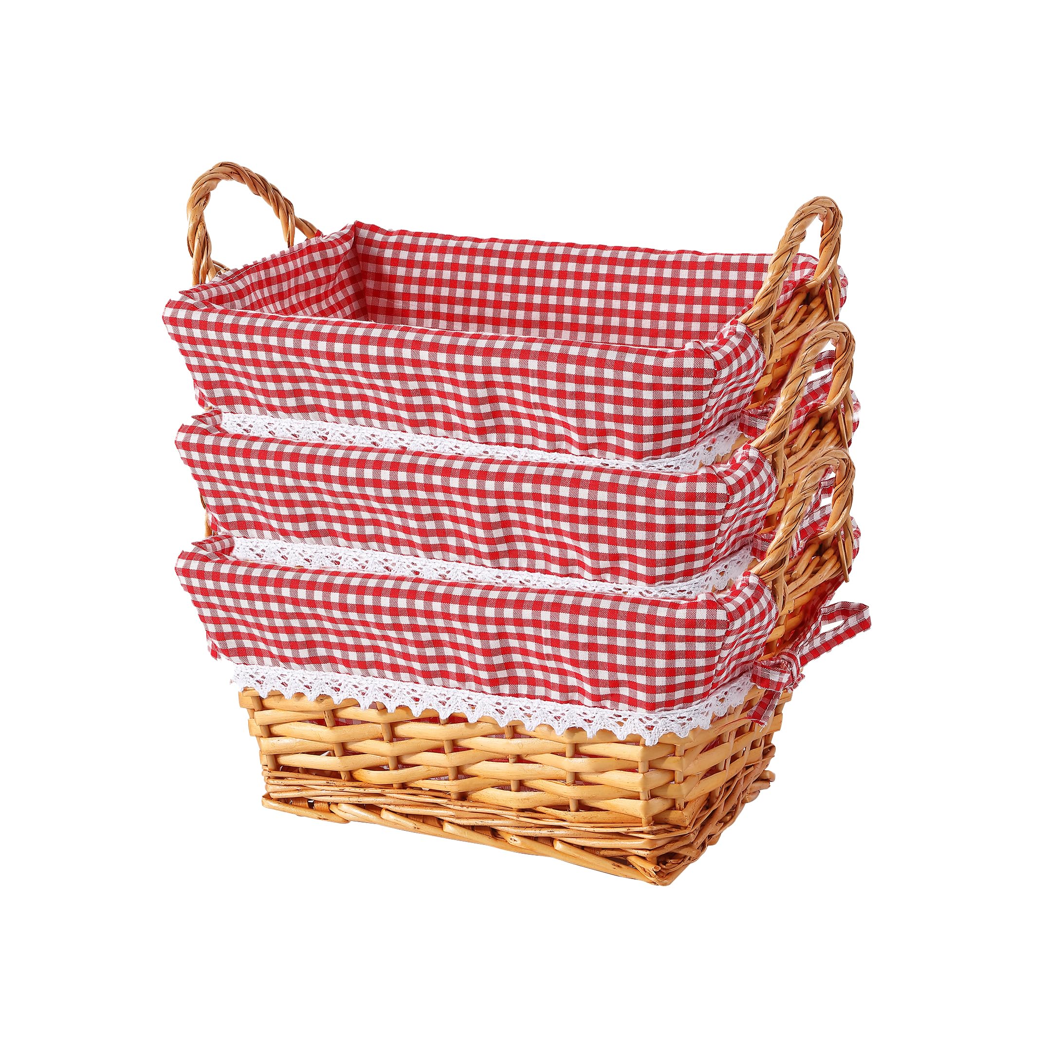 Wickerfield 3PCS Rectangle Traditional Wicker Bread Basket With Handles, Red Gingham Liner, Kitchen Storage, Trade Countertop, Gift