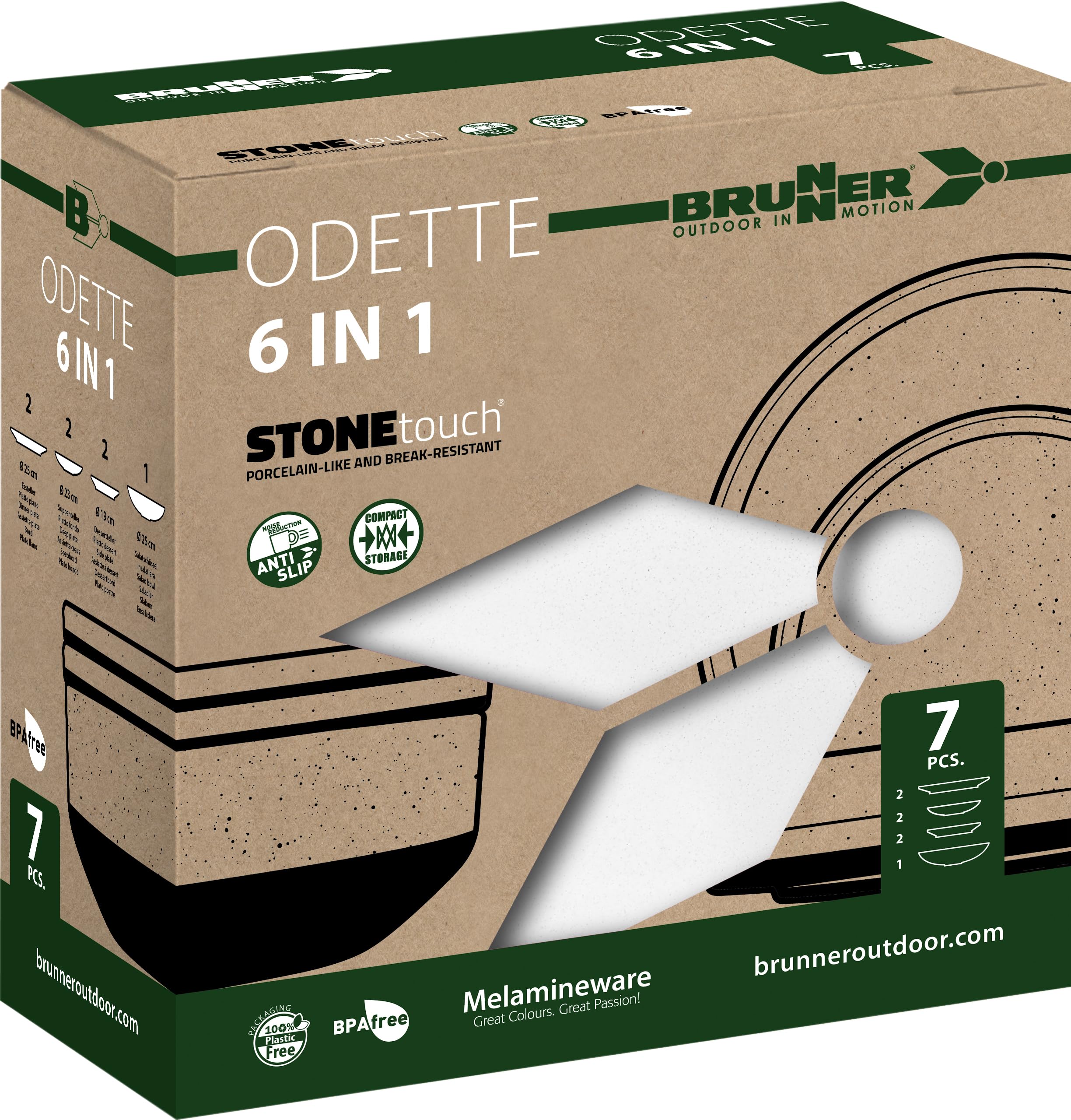 BRUNNER Melamin Geschirr-Set Camping 7-Teilig6-in-1 Set ODETTE Stapelbar | Antislip (Antirutsch), 1-2 Personen, wie Steingut (StoneTouch), Bruchfest, Teller Schalen Salatschüssel , Wohnmobil Wohnwagen