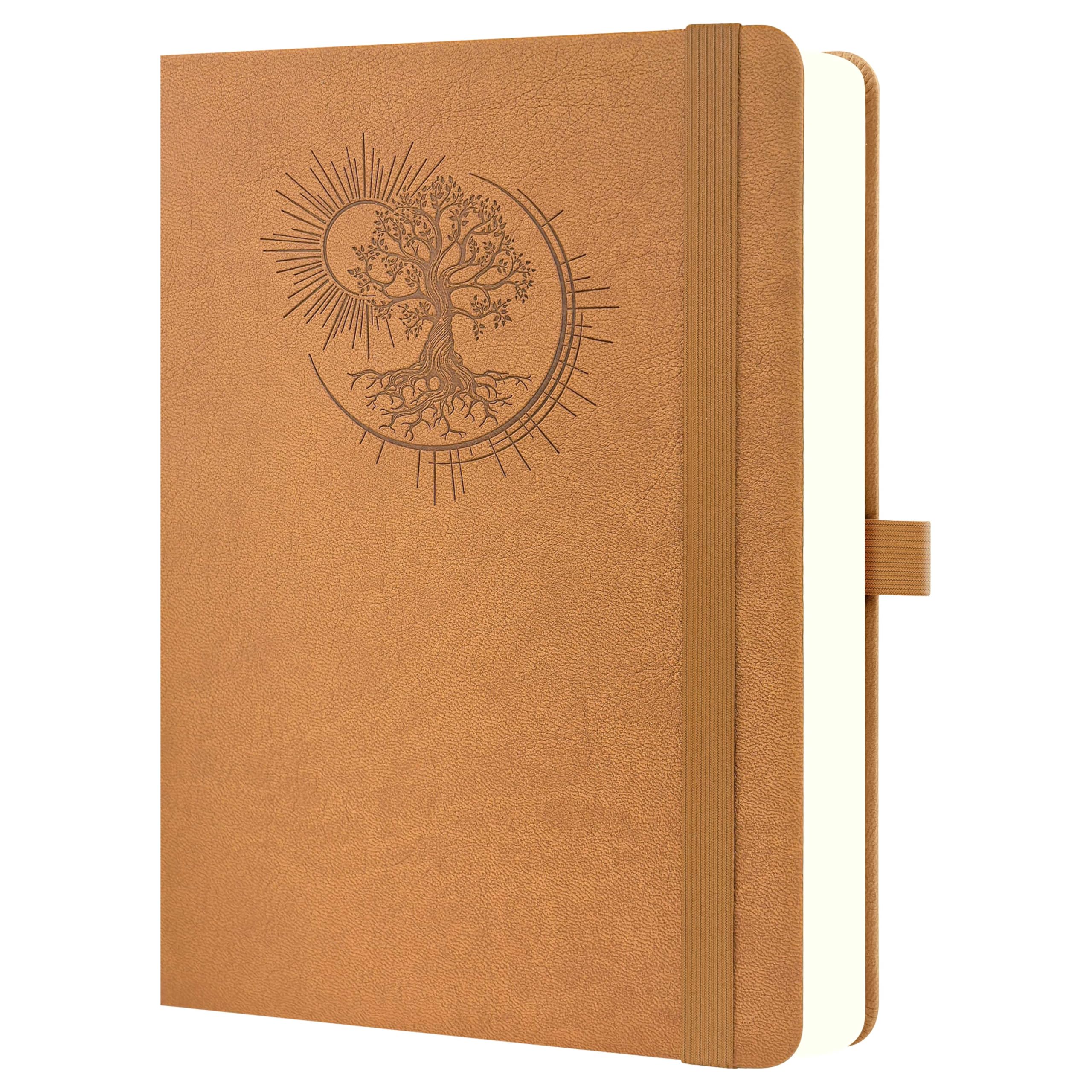 Mlife B5 Notebook with Tree of Life Design – 300 Pages, 100g Paper, PU Cover, Elastic Band, Pen Holder, 3 Bookmarks – Ideal for Work, Study & Gift (Brown)