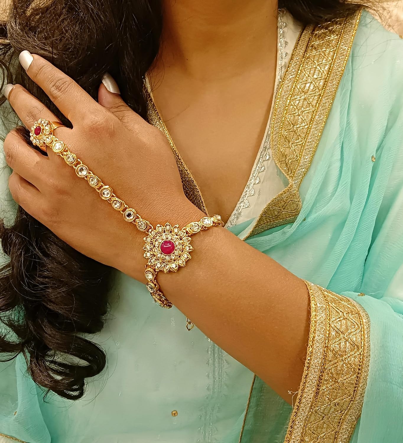 Efulgenz Indian Bollywood Kundan Finger Ring Link Chain Wedding Bridal Bracelet Hand Harness Slave Bracelet Jewelry - Image 3