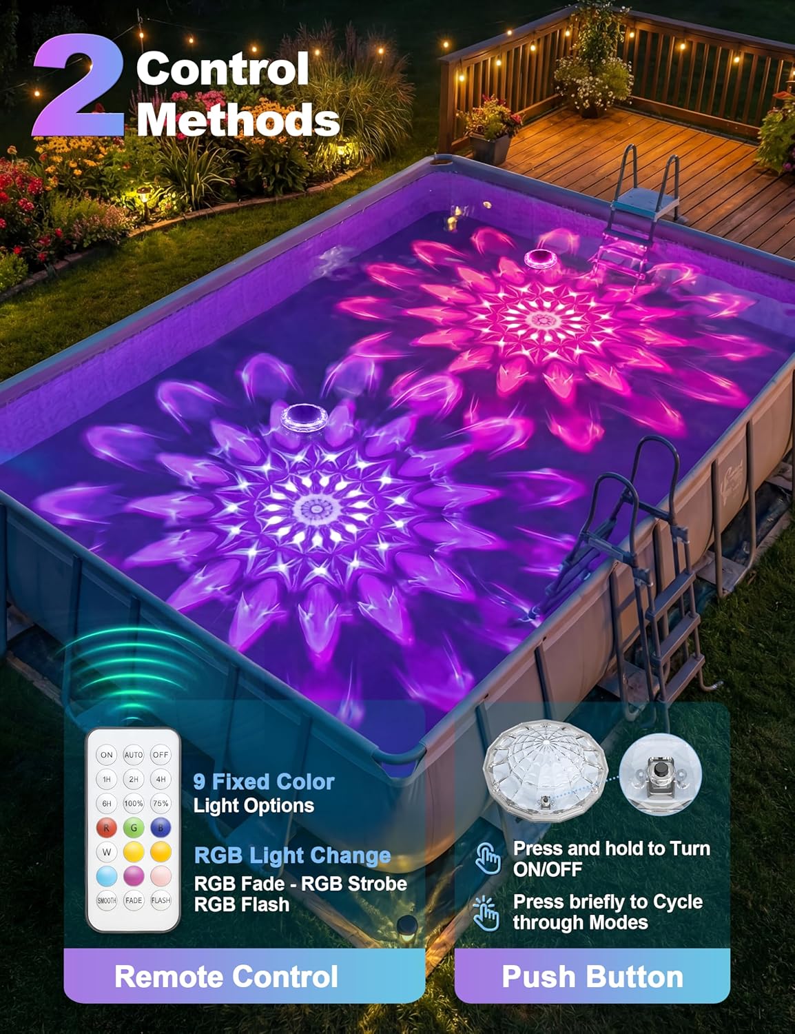 APONUO Solar Pool Lights, IP68 Waterproof Floating Pool Lights with Remote& Button Control, 9 Lighting Colors& 3 Modes Pool Solar Light, Timer&Memory, Floating Light for Pool, Party, Bathtub (2 Pack)