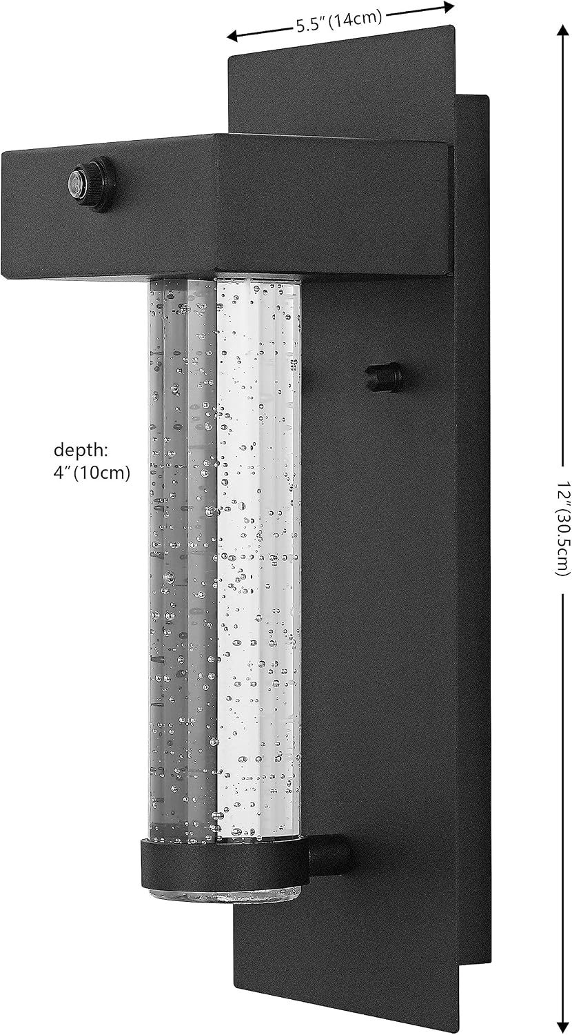 JONATHAN Y 5.5" Black 1-Light Iron Outdoor Sconce, Minimalist Industrial Wall Lantern with Dusk-to-Dawn Sensor, Clear Seeded Crystal Shade, Integrated LED, ETL Listed JYL2405A