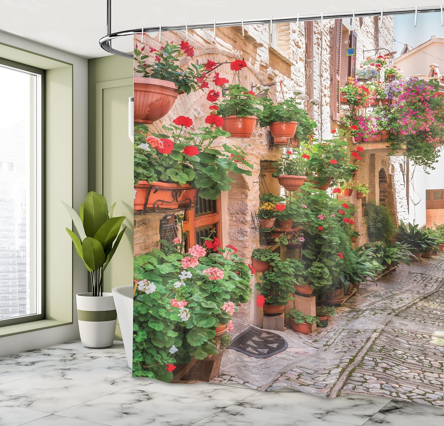 Ambesonne Italian Shower Curtain, Street View of a Small Renaissance Town with Floral Porches and Rock Mediterranean, Cloth Fabric Bathroom Decor Set with Hooks, 69" W x 75" L, Jade Green Vermilion