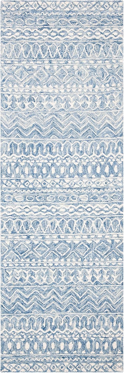 SAFAVIEH Micro-Loop Collection Runner Rug - 2'3" x 7', Blue & Ivory, Handmade Moroccan Boho Tribal Wool, Ideal for High Traffic Areas in Living Room, Bedroom (MLP502M)