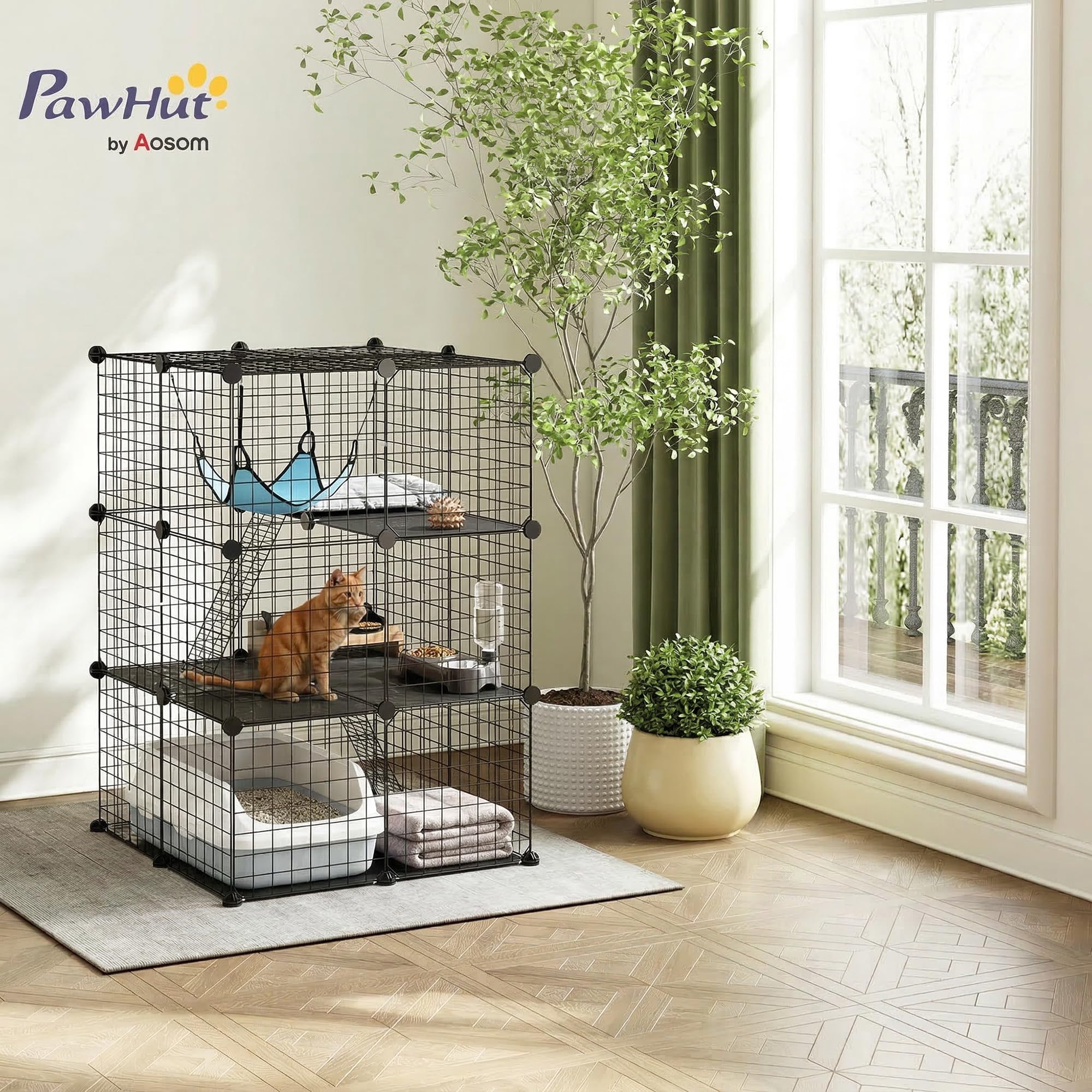 PawHut Jaula para Gatos de 3 Niveles con Hamaca, Plataforma y escaleras, Jaula para Mascotas de Acero y PP, 70 x 70 x 105 cm, Negro y Azul