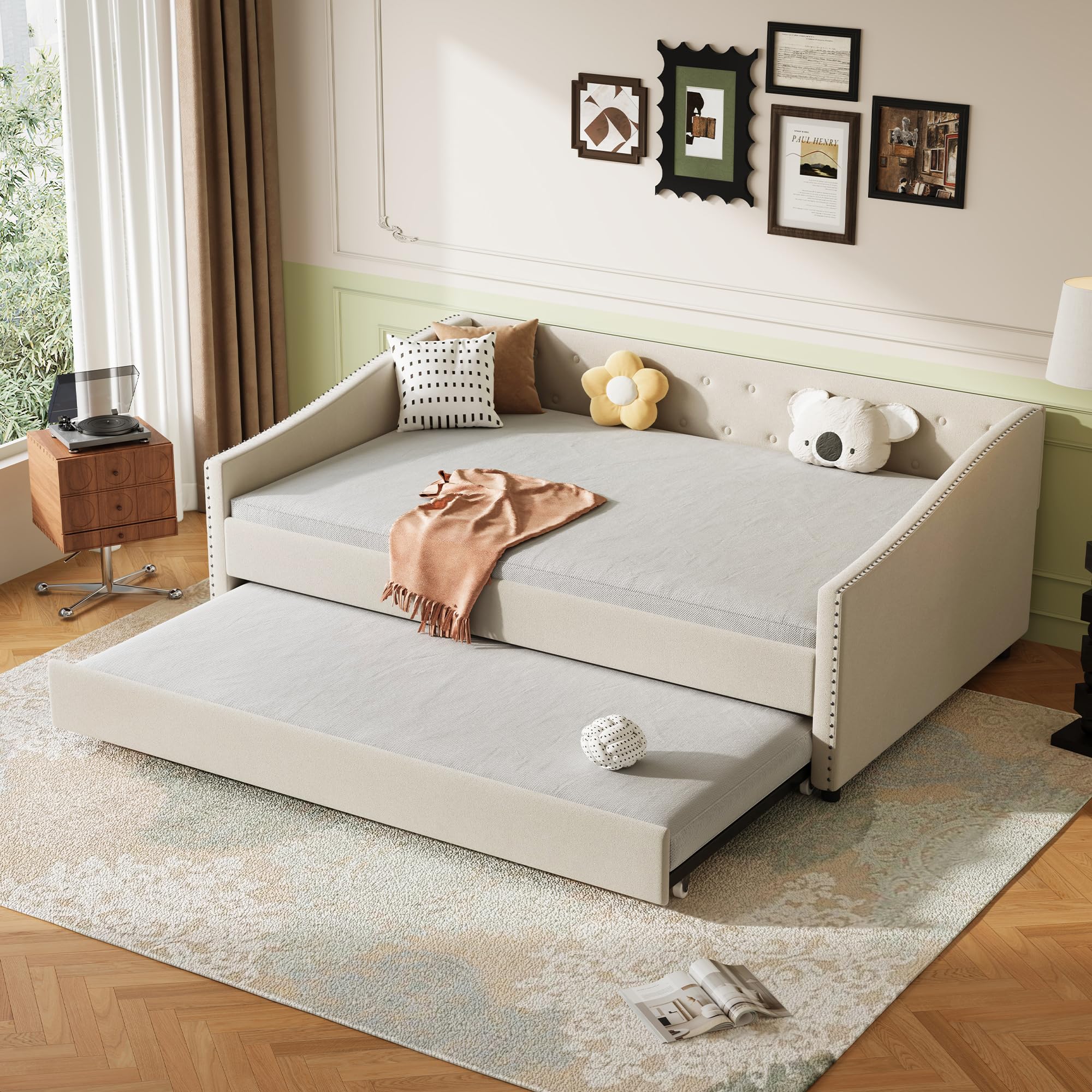 Full Size Upholstered Daybed with Trundle,Tufted Day Bed w/Button on Back and Piping on Waved Shape Arms for Bedroom Guest Room, No Box Spring Needed,Beige