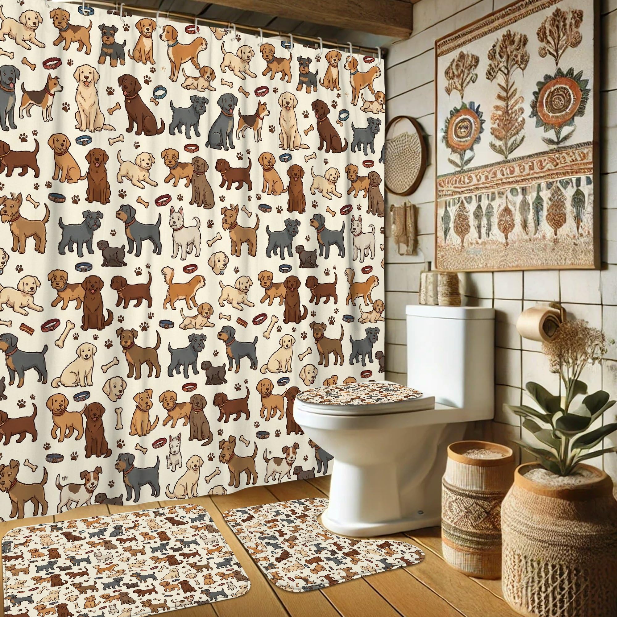 Ensemble de rideaux de douche en toile de bain marron 183x183 cm lavable avec crochets