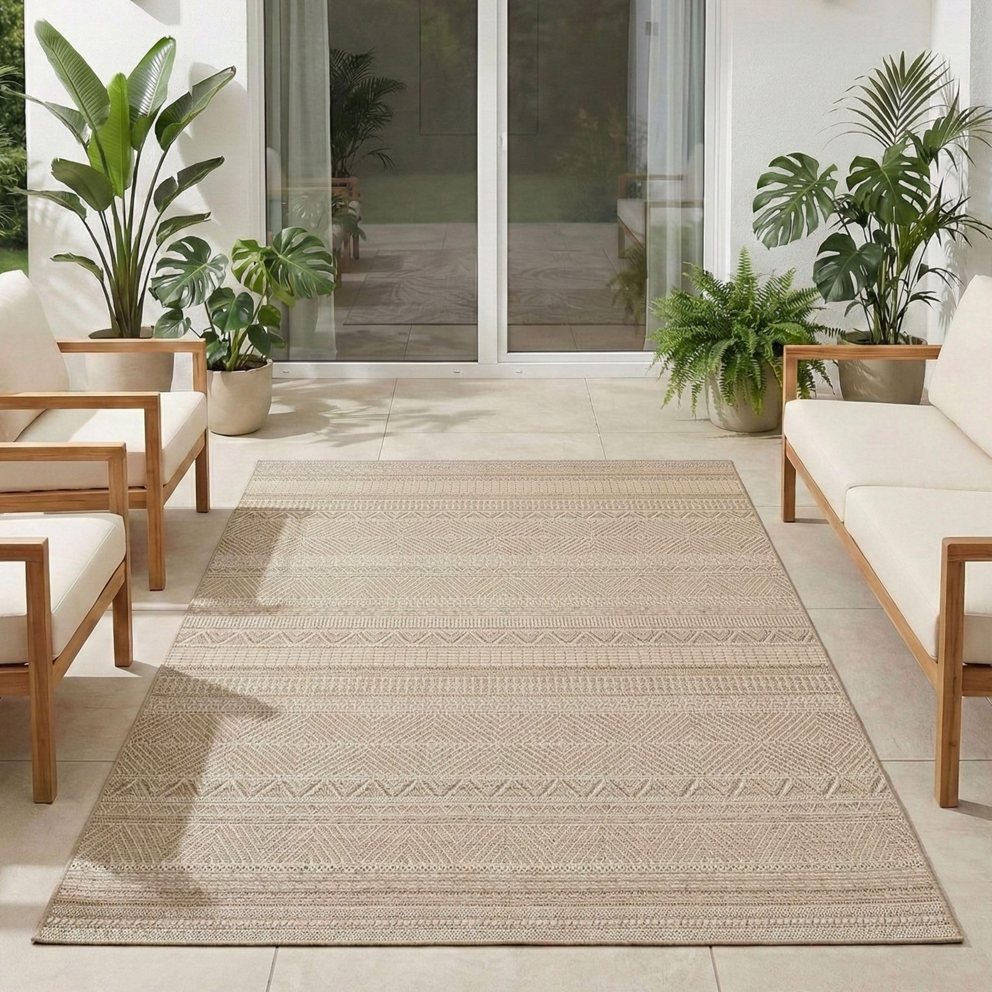 Carpetsale24 Alfombra de Exterior Beige 160x230 cm, Resistente a la Intemperie y a los Rayos UV, para la Cocina, el balcón, la terraza, así como para el salón y el Comedor, diseño Boho escandinavo