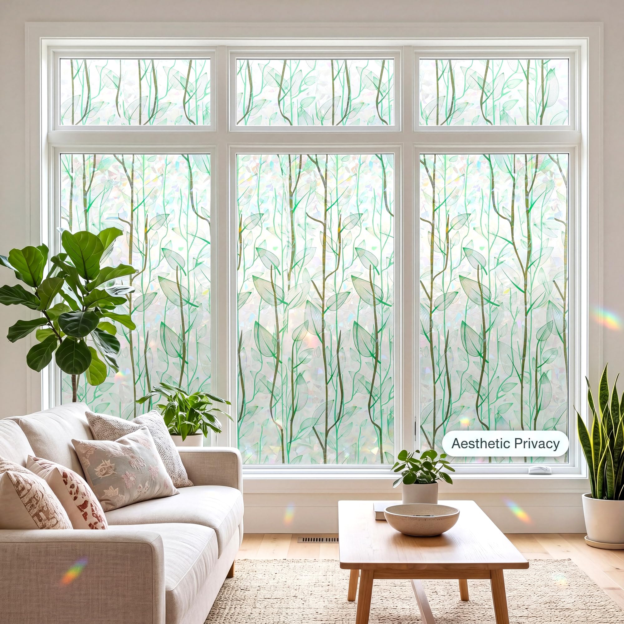 Grünes Regenbogen-Blatt-Buntglas-Fensterfolie, Sichtschutz, kein Kleber