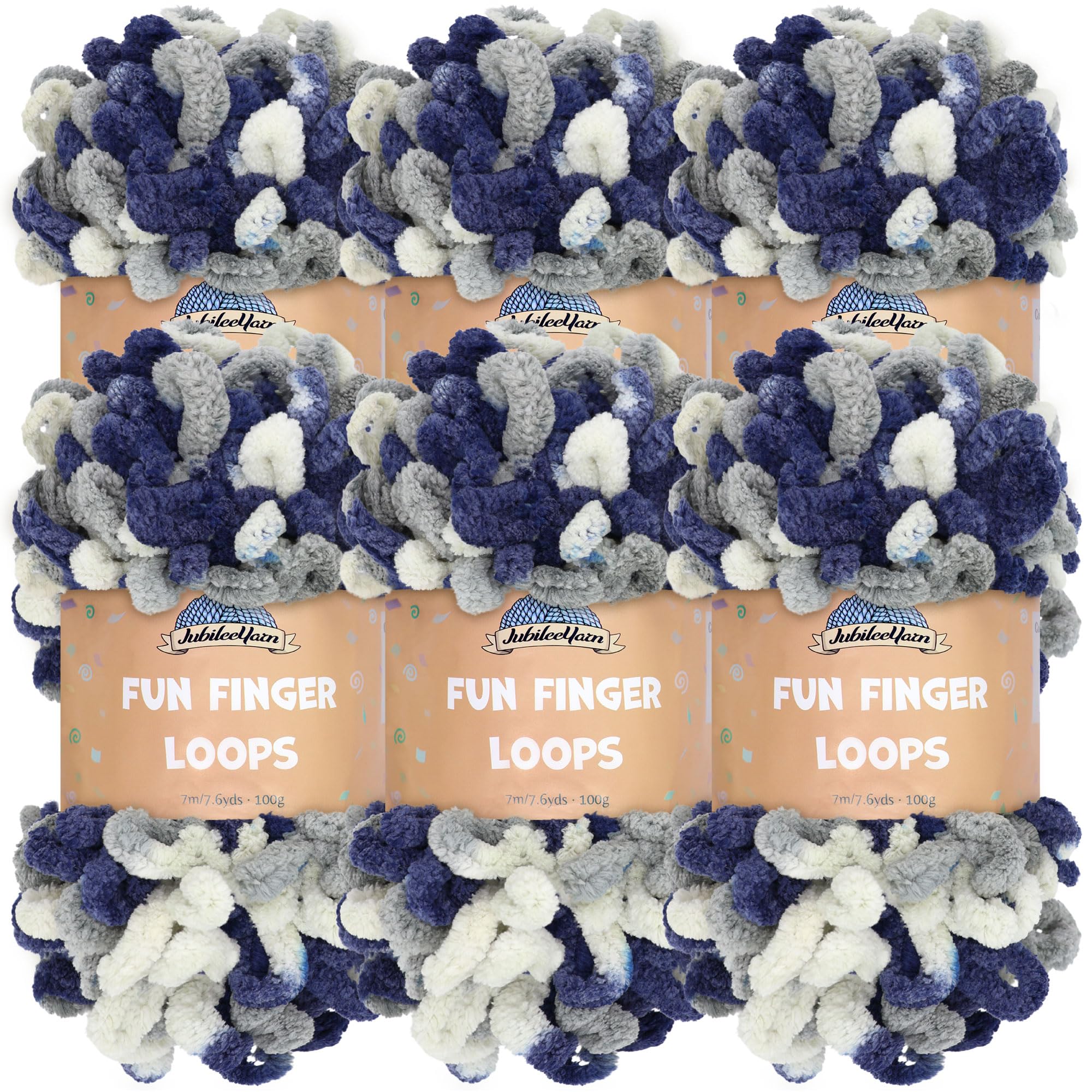 JubileeYarn Fun Finger Loops Yarn - Jumbo Polyester - 100g/Skein - Multicolor Navy Grey - 6 Skeins