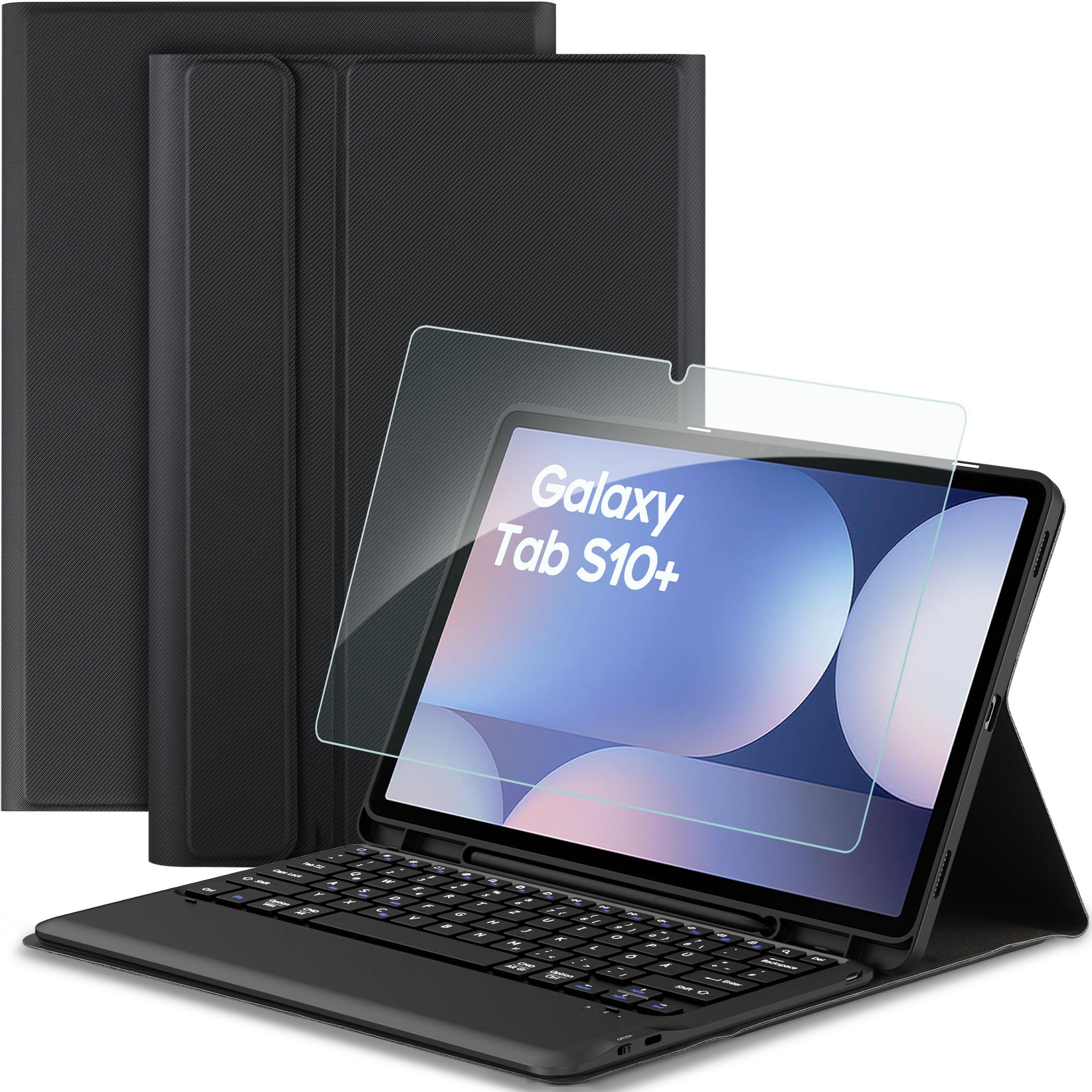 EasyAcc Custodia per tastiera compatibile con Samsung Galaxy Tab S9 FE+ / S9+ / S9 Plus / S10+ 12.4 pollici 2023/2024 con pellicola protettiva, QWERTZ Tedesco, custodia rimovibile con supporto per