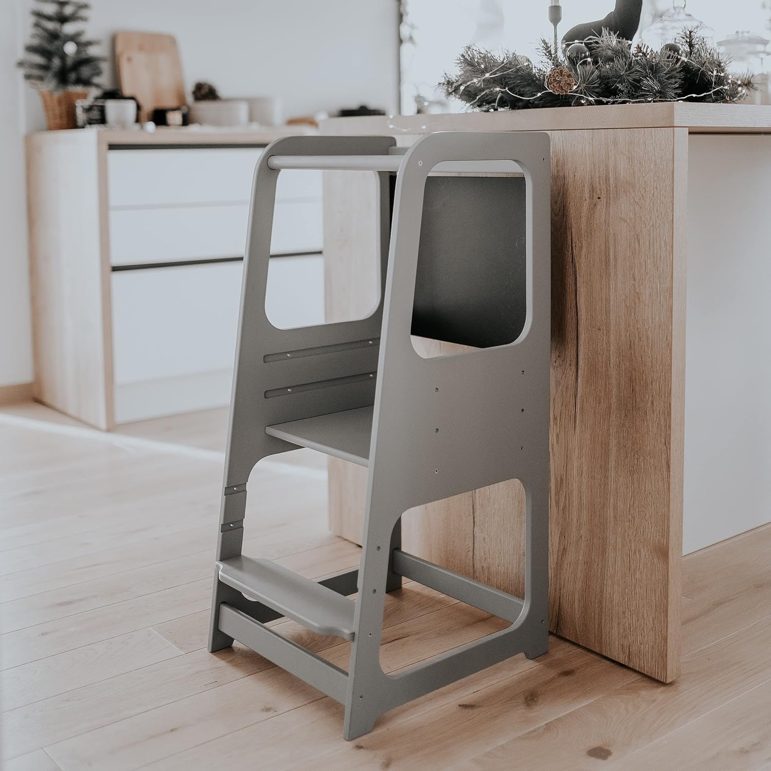 Kitchen Tower with Chalkboard, Montessori Observation Tower, Kitchen Helper Tower (Grey)