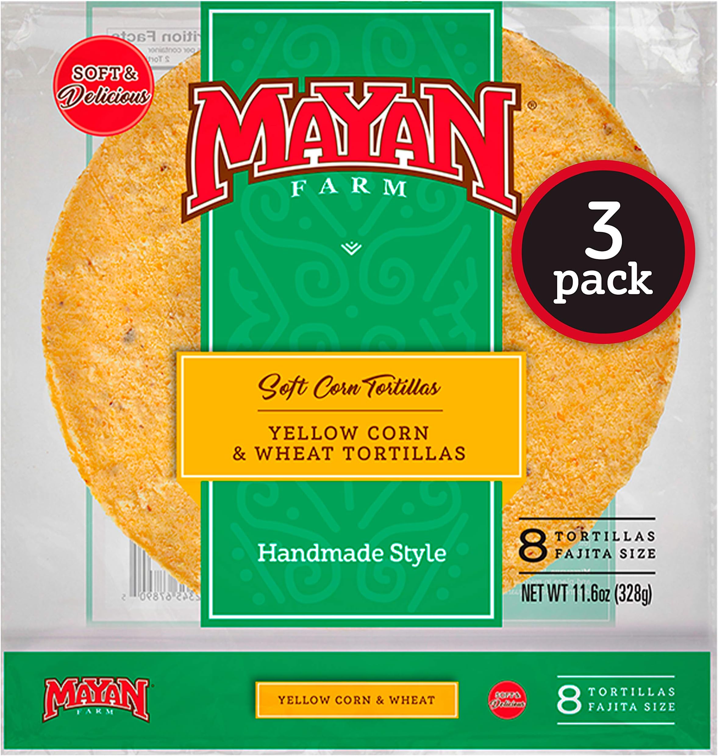 Mayan Farm Yellow Corn & Wheat Soft Tortillas (3 pack) Vegan, Kosher. 8 fajita style tortillas per pack