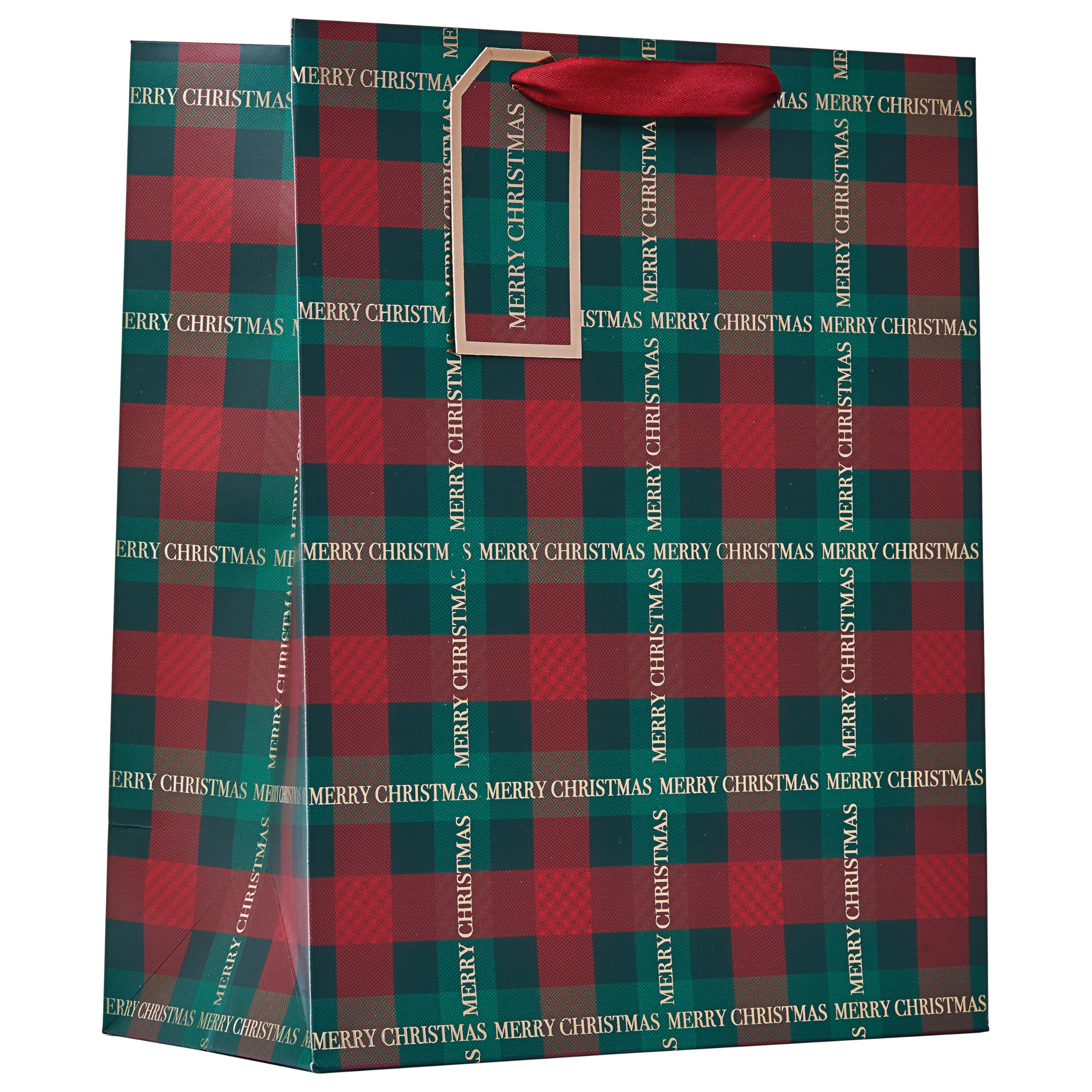 Design By Violet Christmas Tartan Large Gift Bag – Classic Red and Green Plaid with Gold Foil Merry Christmas Text and Red Ribbon Handle – Perfect for Clothes, Toys & Presents