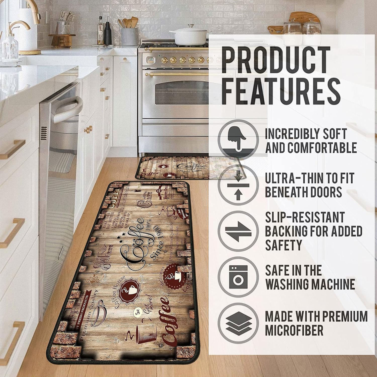 Coffee Kitchen Rugs 2 Piece Set for Floor Mat, Non Skid Washable Absorbent Microfiber Coffee Kitchen Mat for in Front of Sink for Standing for Home Coffe Kitchen Decor 17"X30"+17"X47"