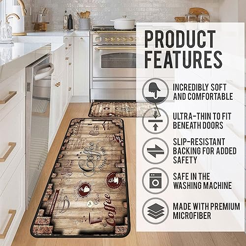 Miniatura 5 de Alfombras de cocina de café para piso, 2 piezas, tapete antifatiga para cocina, tapetes de cocina para delante del fregadero y cocina mate para