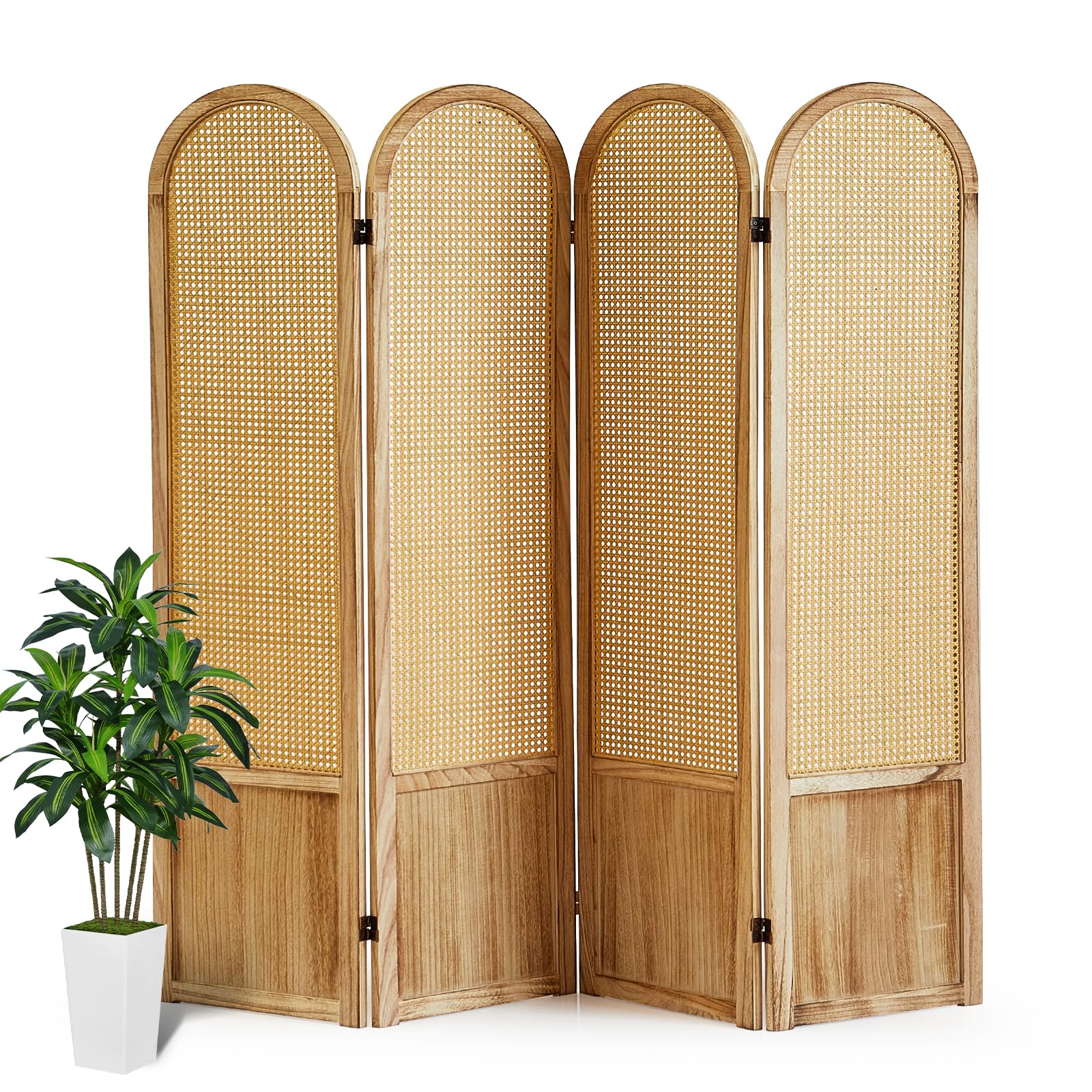Asnefeli Room Divider 4 Panel, Folding Privacy Screen, Foldable Wood Divider Room Dec, Rattan Room Divider, Portable Partition Screen, Wall Divider