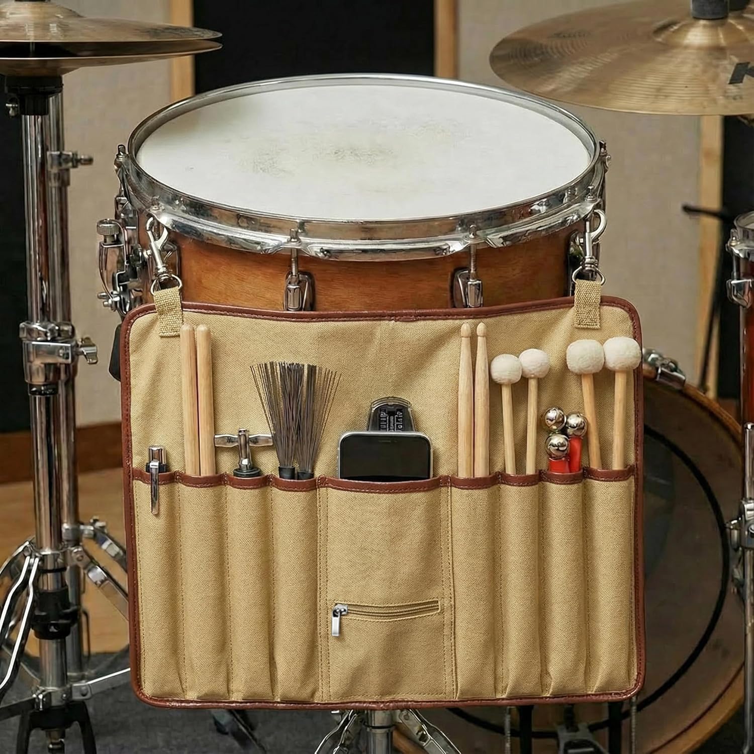 Drum Stick Bag, Crossbody Shoulder Strap Portable Vintage Drumstick Bag Kit Gifts for Drummers, Beginners, Khaki