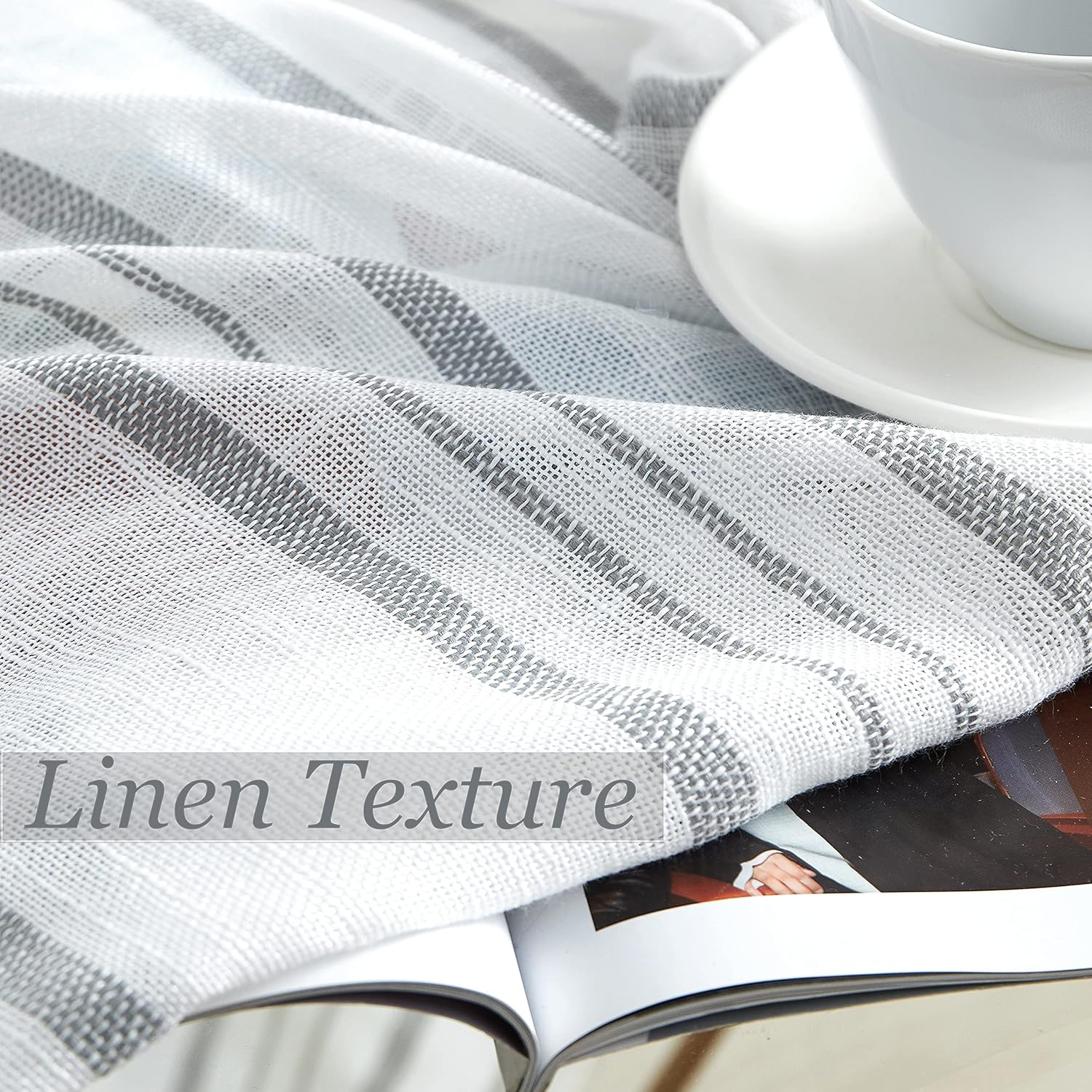 SXZJTEX White and Grey Linen Textured Striped Curtains 95 inch Long for Living Room Bedroom Farmhouse Ticking Pinstripe Sheer Curtains Grommet Top 2 Panels