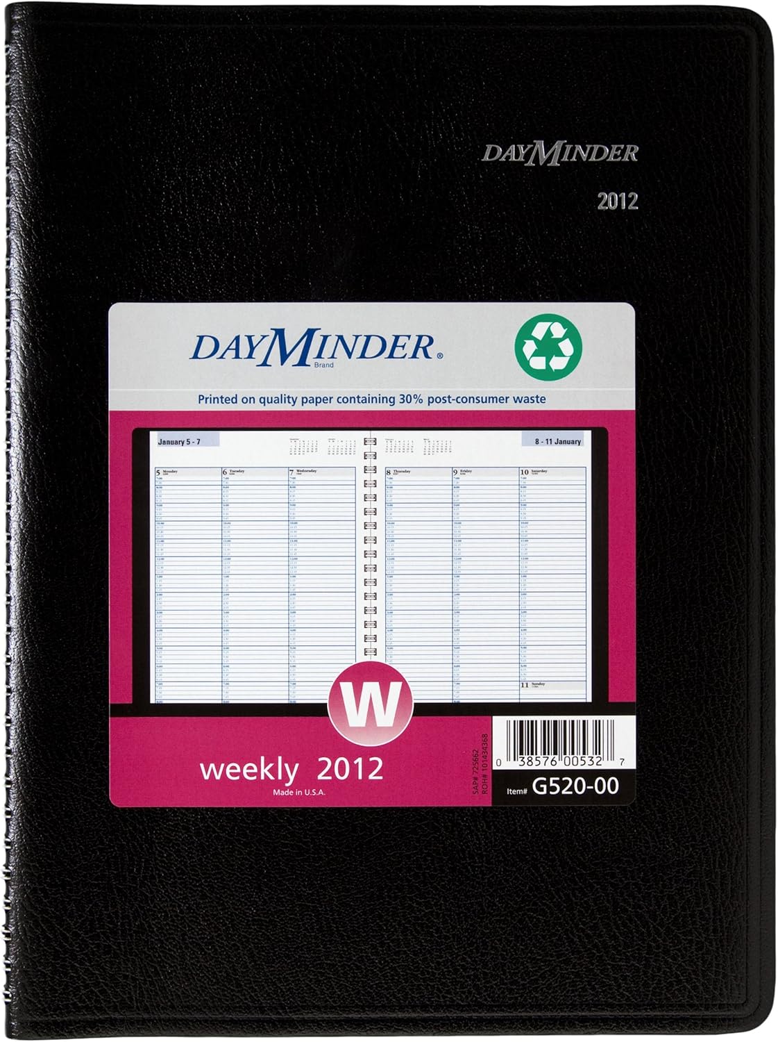 DayMinder Recycled Weekly Appointment Book, 8 x 11 Inches, Black, 2012 (G520-00)
