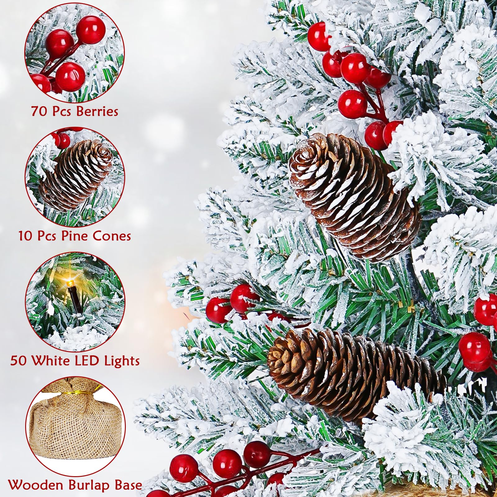Sapin de Noël artificiel de table de 61 cm, sapin de Noël artificiel pré-éclairé avec 50 guirlandes lumineuses à DEL, mini sapin de table, 70 baies rouges, 10 pommes de pin, base en toile de jute,