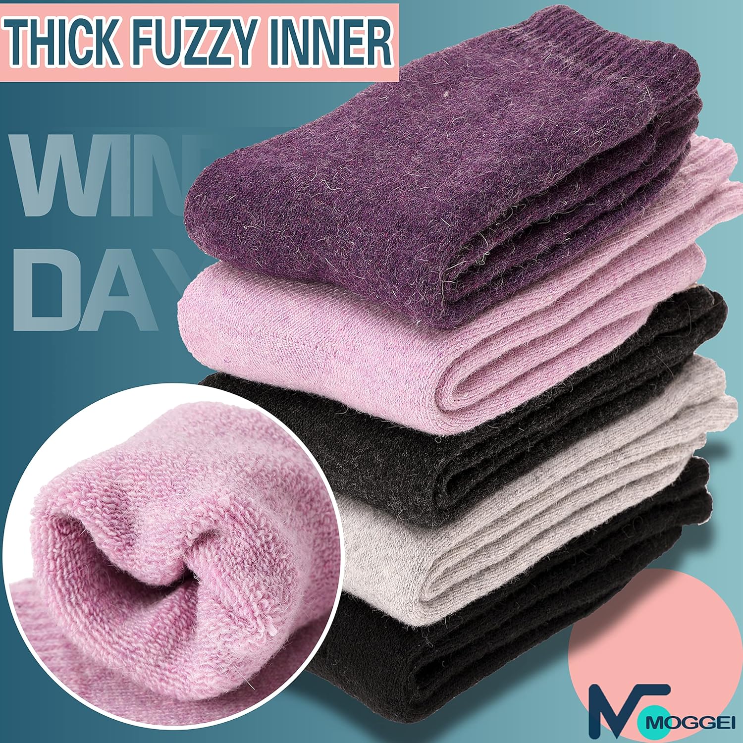 MOGGEI 5 Pairs Womens Merino Wool Socks Hiking Warm Winter Thick Thermal Crew Cozy Cabin Ladies Gift Comfy Boot Work Socks - Image 6