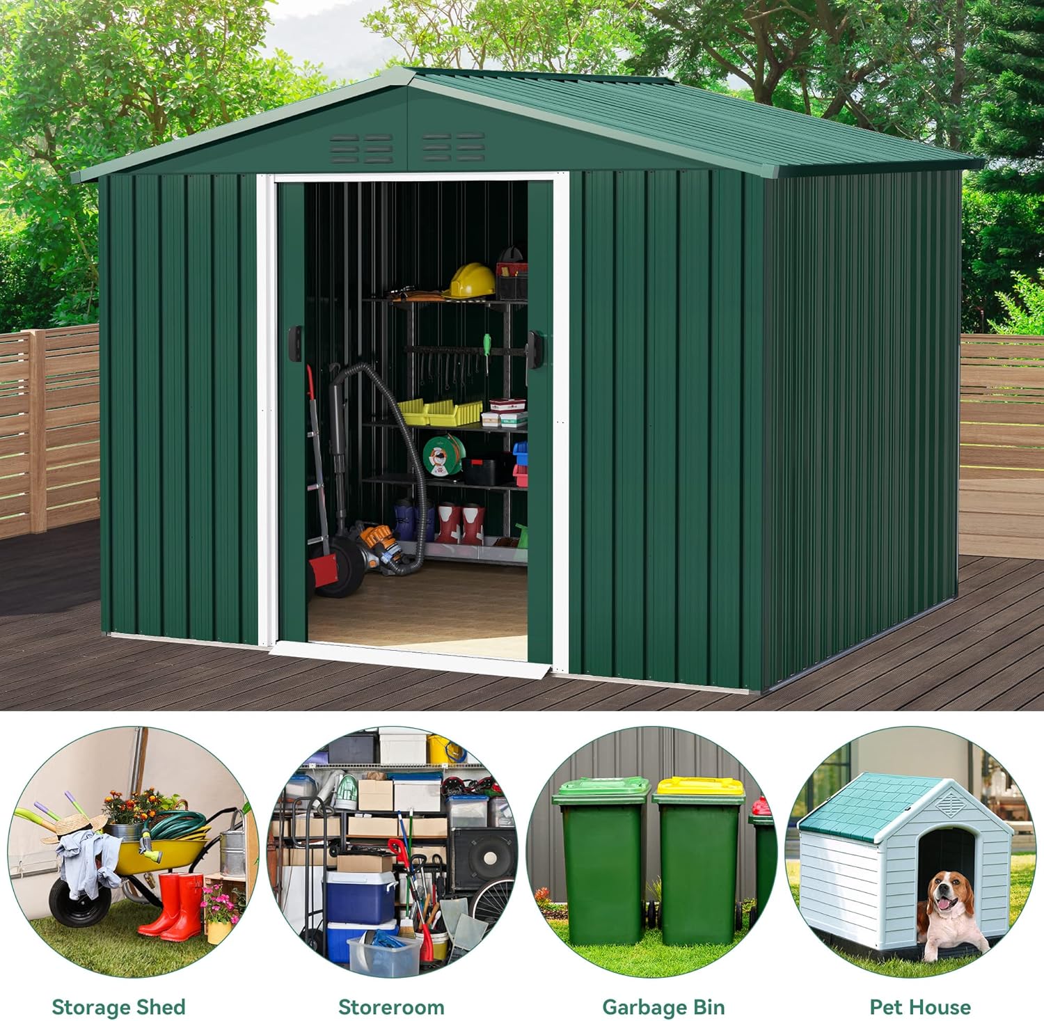 DWVO 6x8 FT Metal Storage Shed with door open, showing interior and various uses