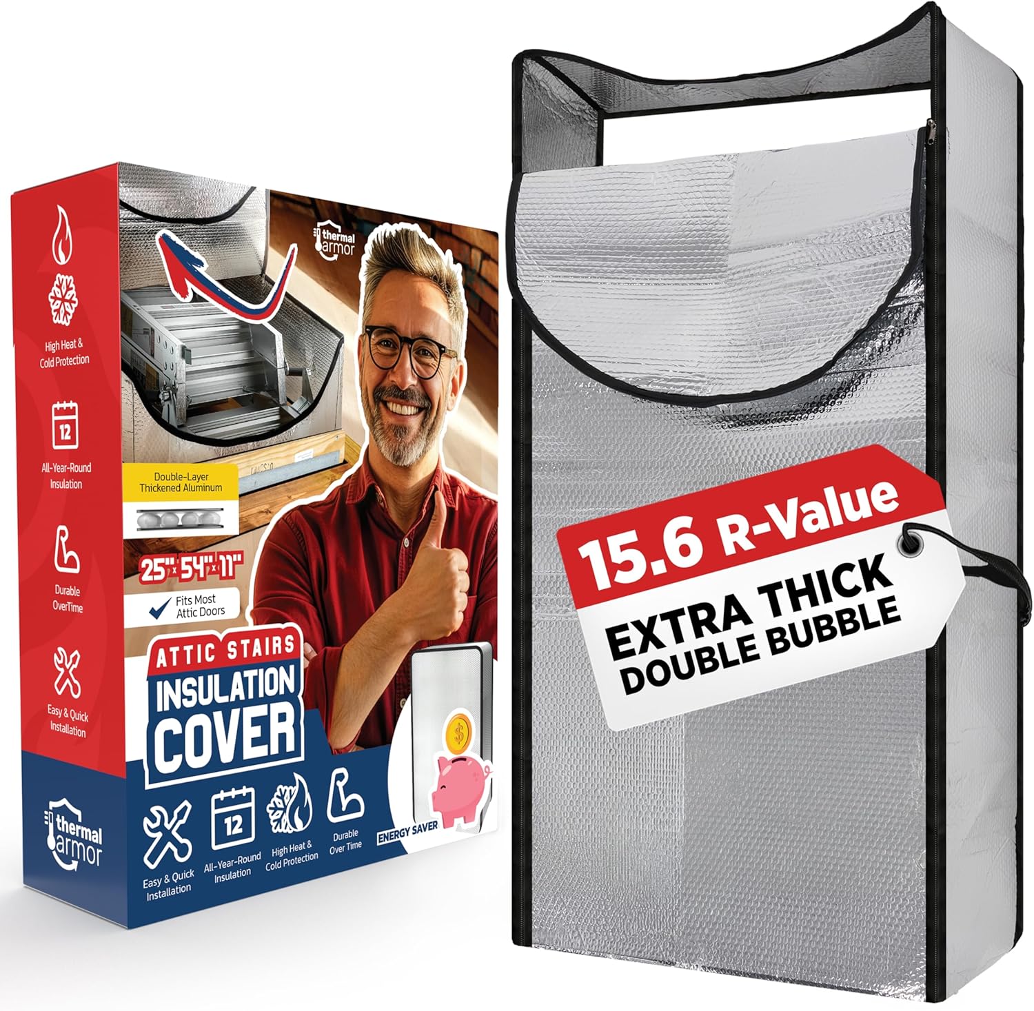 Premium Energy Saving Attic Stairs Insulation Cover – Full Set Extra Thick, Double Bubble, Fits 54" x 25" x 11" Pull-Down Door - Universal Size (54" x 25" x 11" + Kit)