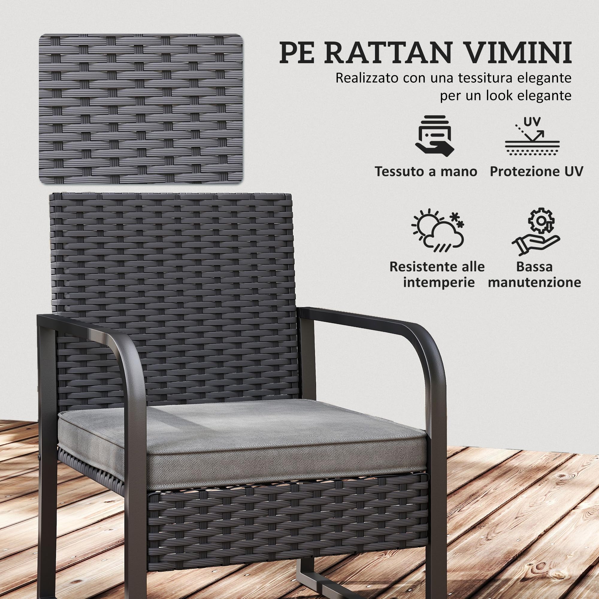 Outsunny Set da Giardino 3 Pezzi in Rattan PE e Acciaio, Set 2 Sedie con Cuscini Lavabili e Tavolino da Caffè con Piano in Vetro, Set di Mobili da Balcone, per Patio e Cortile, Grigio Scuro e Nero