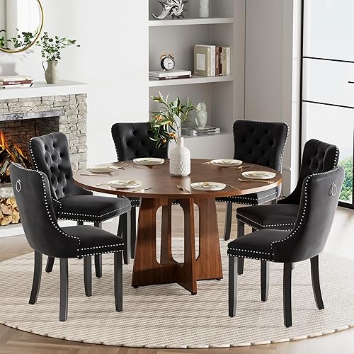 Miniatura 30 de Juego de mesa de comedor redonda de 47 pulgadas para 4, mesa de cocina de mármol sintético blanco circular con 4 sillas de comedor tapizadas de Mesa