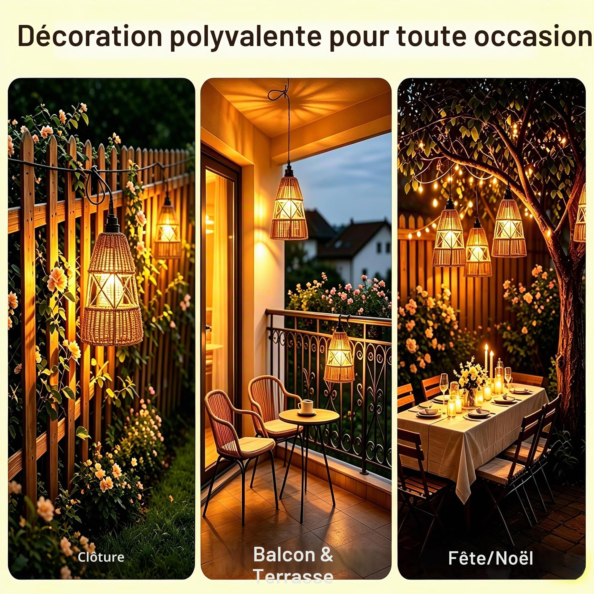 Lanterne Solaire Extérieur 2 Pièces, Lampe Solaire Suspendue Tressée Boho en Chanvre Étanche, Décoration Jardin