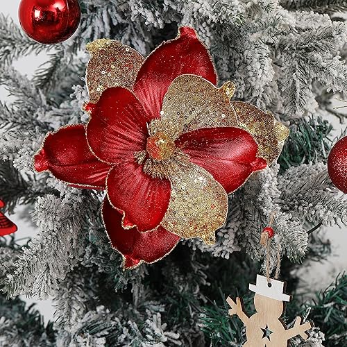Miniatura 2 de GL-Turelifes Flores de Navidad grandes con purpurina de 10 pulgadas, 6 piezas, adornos de flores artificiales de magnolia plegables para decoración