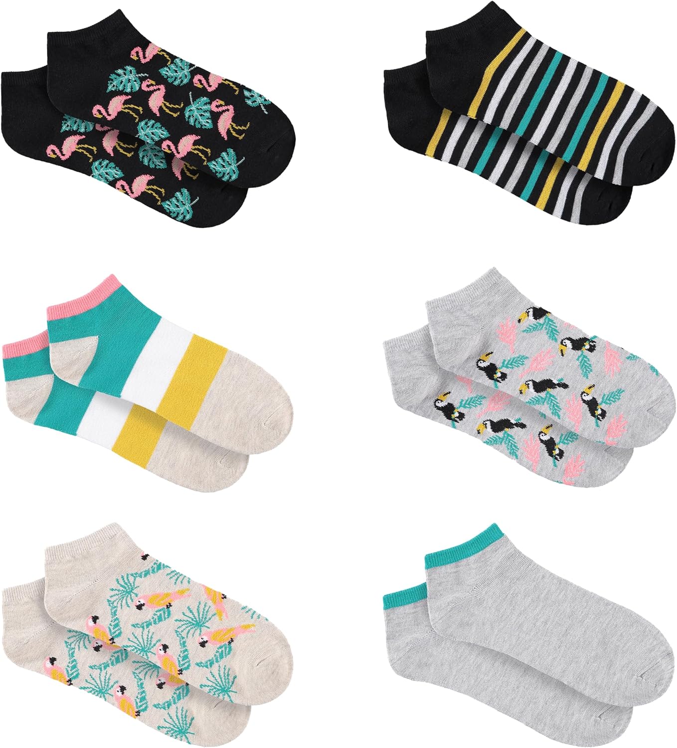 CARIBBEAN JOE Men's No Show Ankle Socks, Tropical Birds Pattern, 6 Pack, Non-Slip Thin, Black, One Size