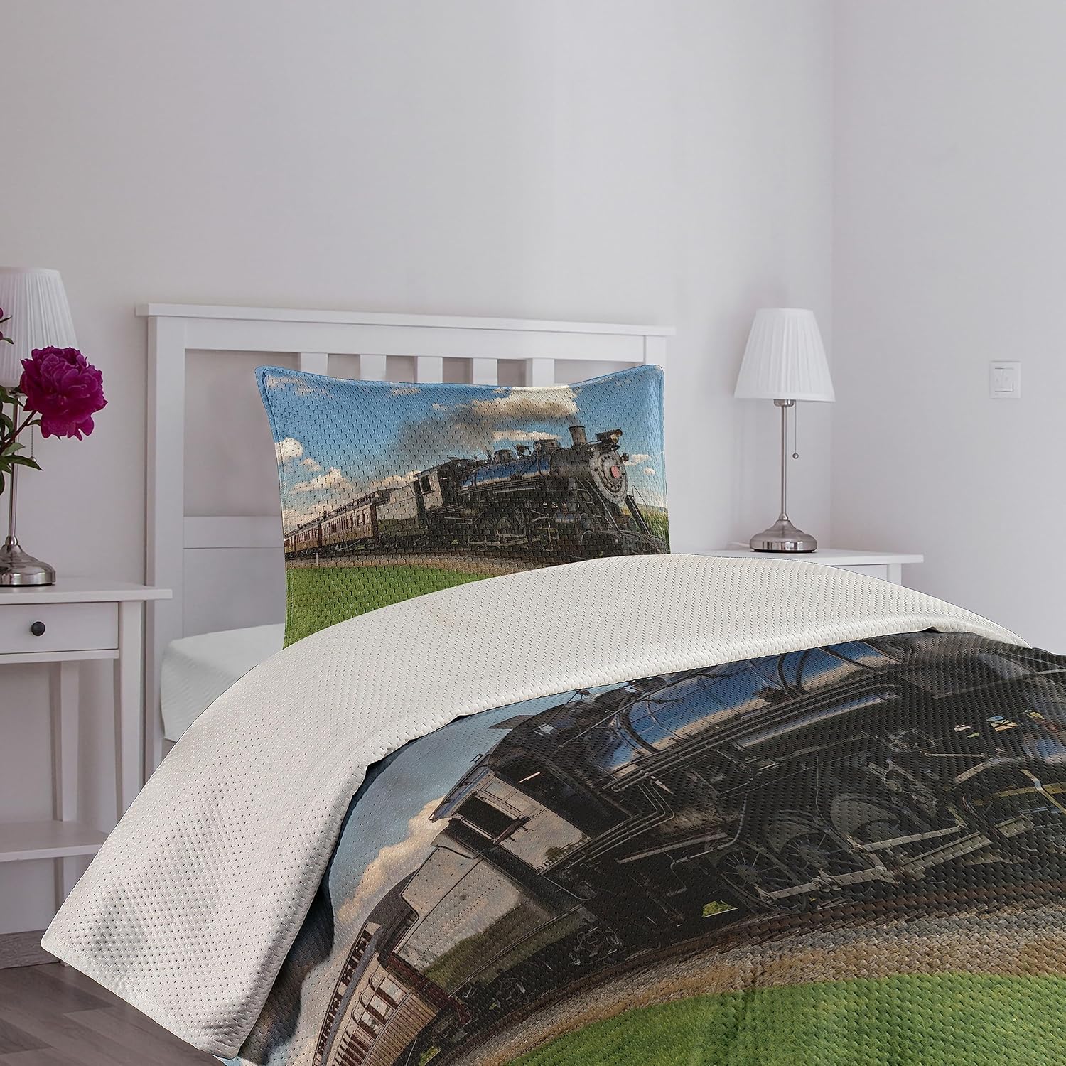 Ambesonne Steam Engine Coverlet, Vintage Locomotive in Countryside Scenery Green Grass Puff Train Picture, 2 Piece Decorative Quilted Bedspread Set with 1 Pillow Sham, Twin Size, Blue Green Twin Size Blue Green